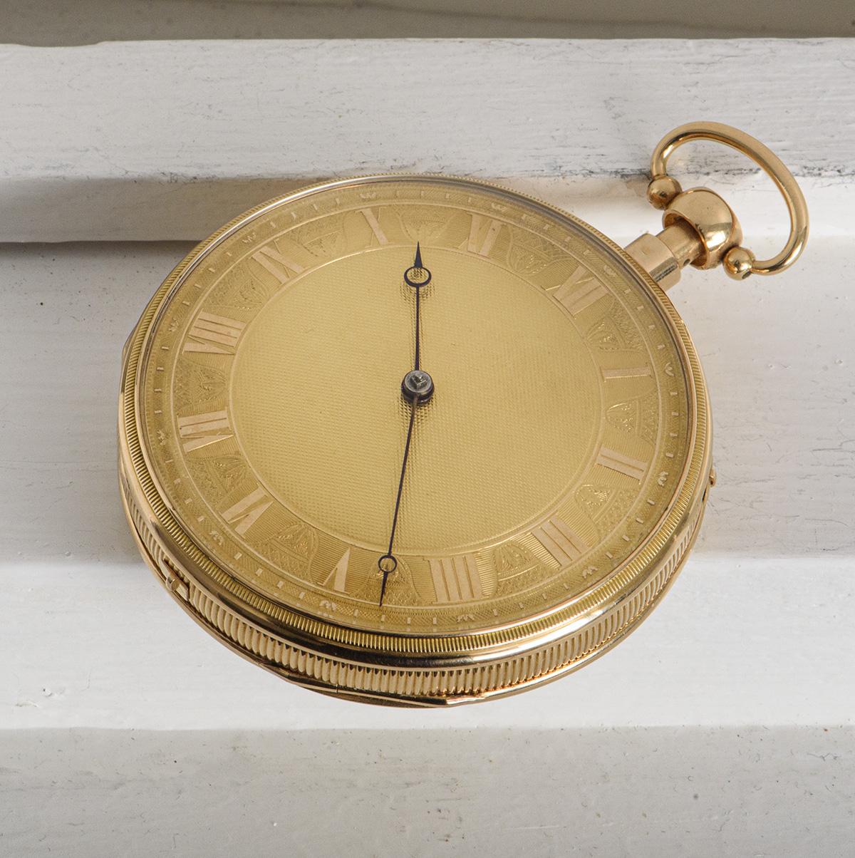Antique Open Face Musical Quarter Repeater 18 Karat Yellow Gold Pocket Watch For Sale 2