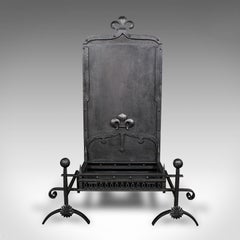 Antique Open Hearth Fireplace, English, Fire Basket, Andirons, Victorian, C.1900