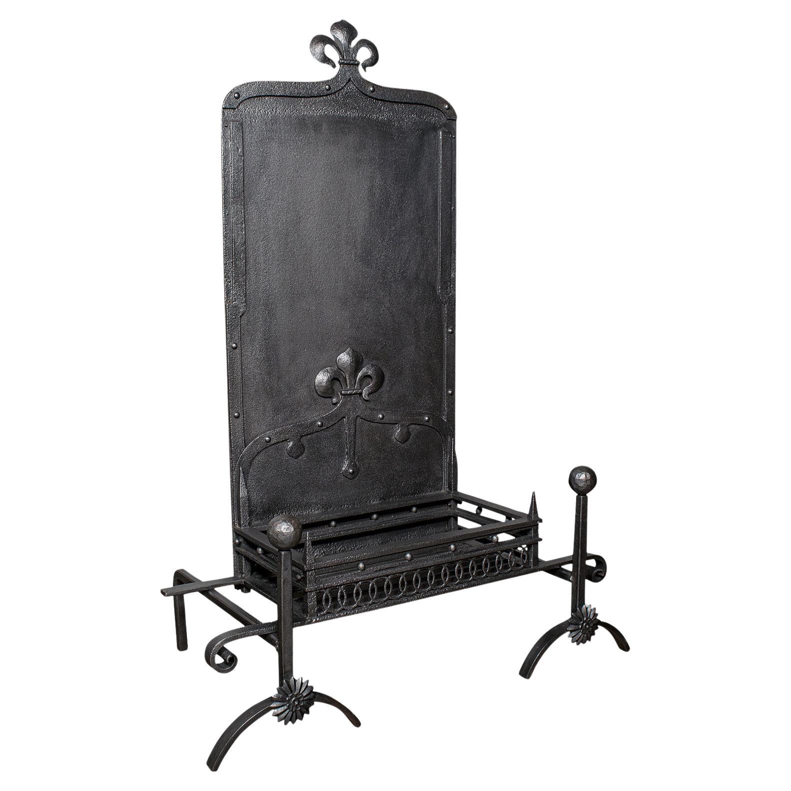 Chimenea antigua de hogar abierto, inglesa, cesta de fuego, morillos, victoriana, c.1900