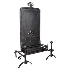 Antique Open Hearth Fireplace, English, Fire Basket, Andirons, Victorian, C.1900