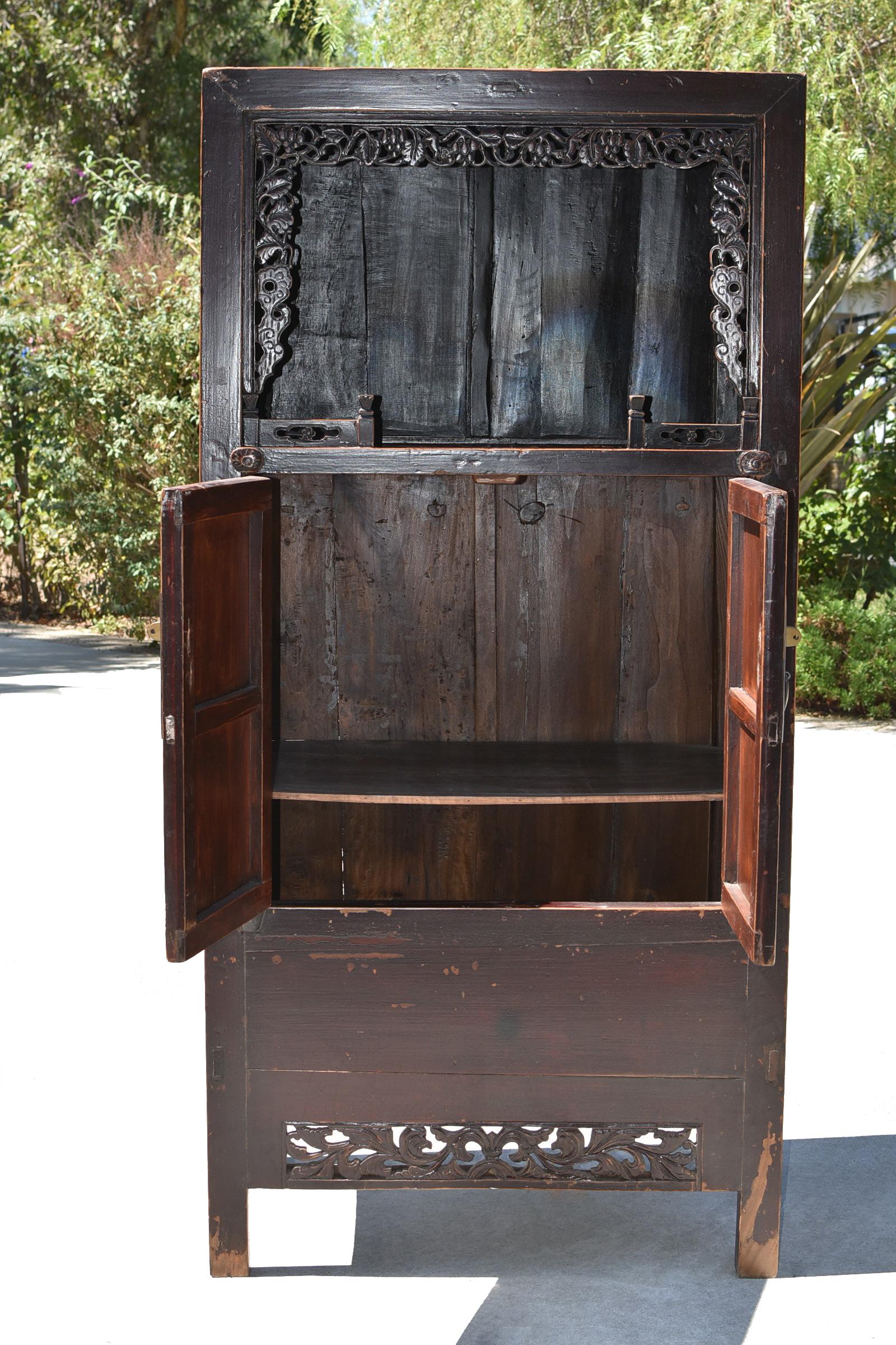 19th Century Chinese Antique Scholar's Cabinet with Carved Grapevine For Sale