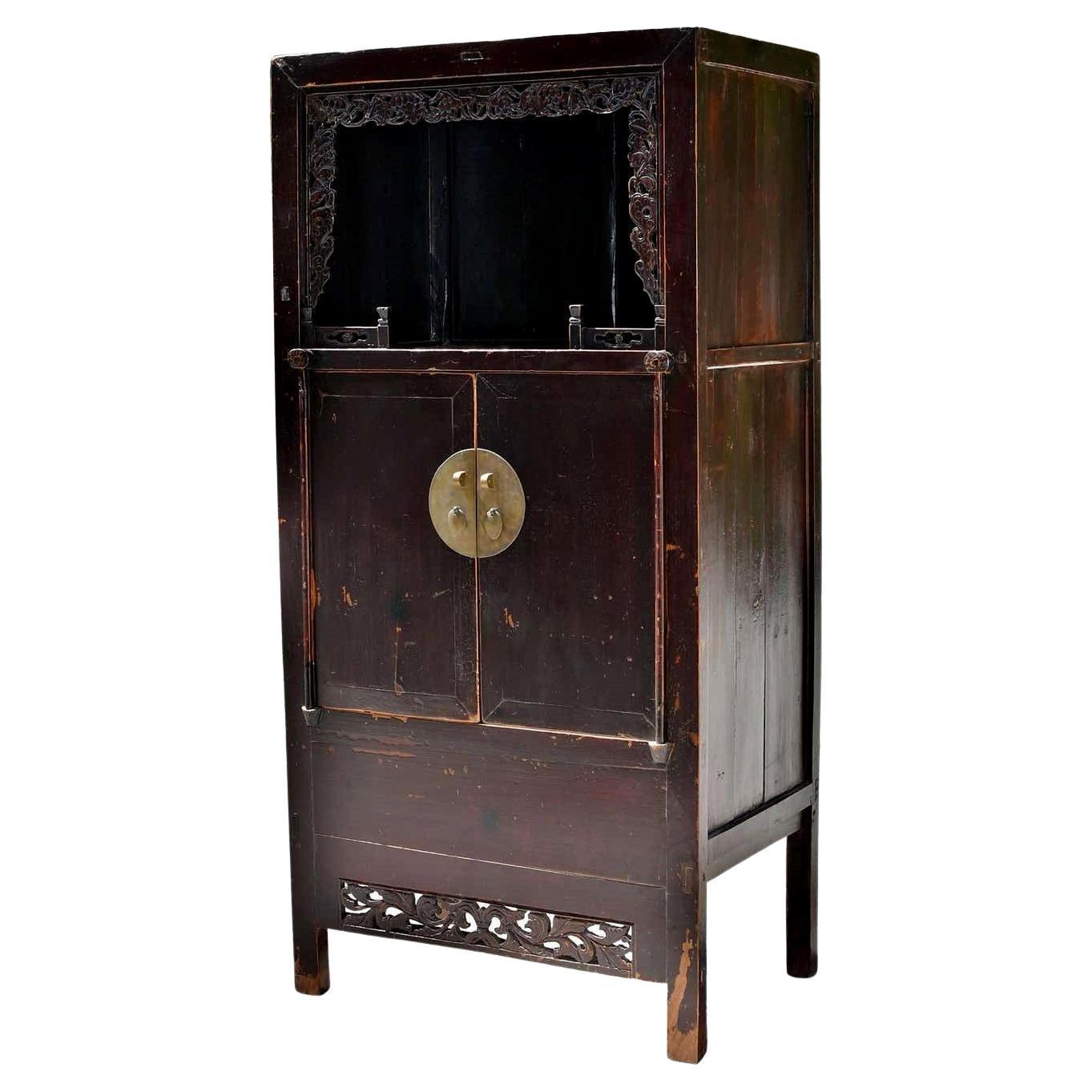 Chinese Antique Scholar's Cabinet with Carved Grapevine For Sale