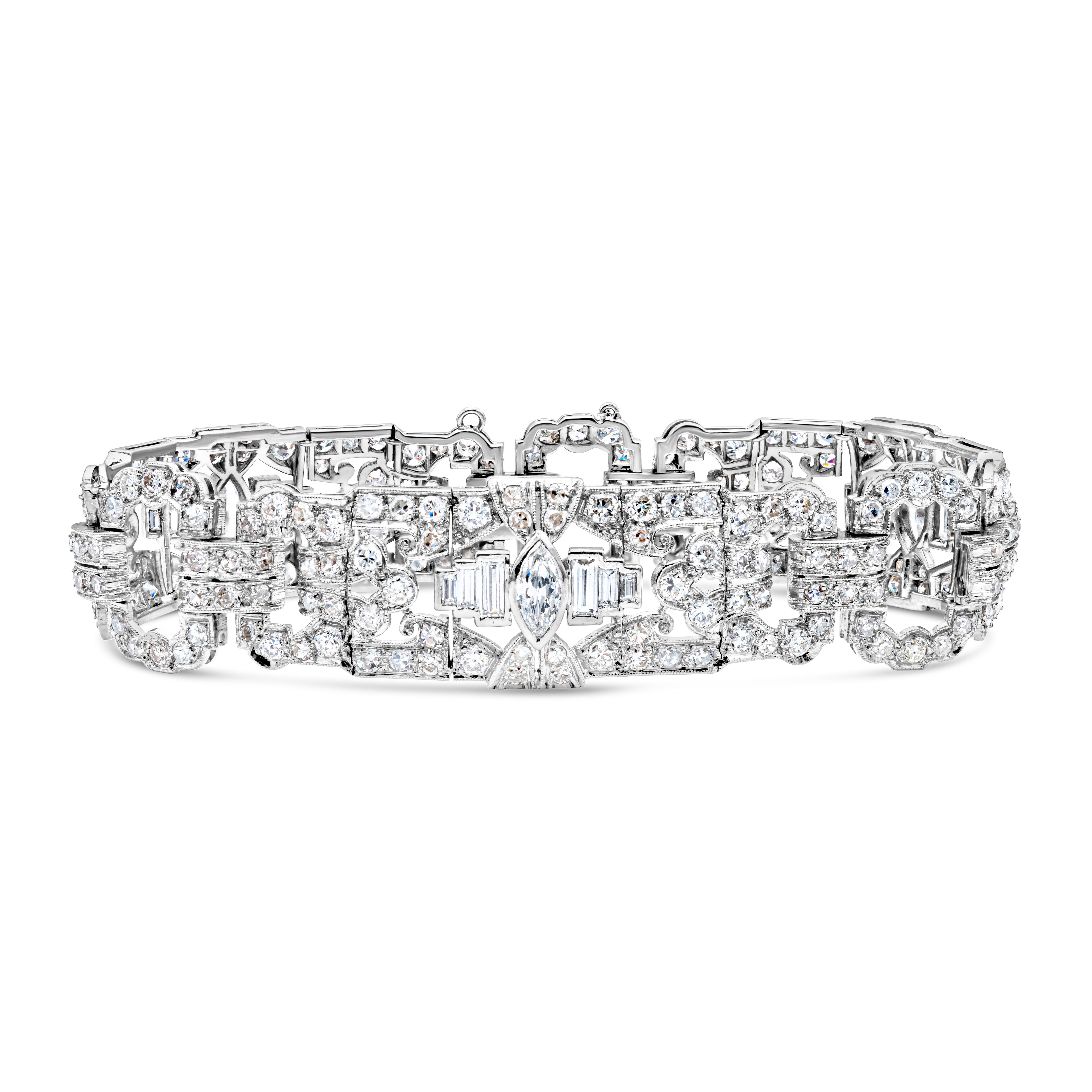 An antique Art Deco bracelet showcasing a fancy cut diamonds weighing 14.30 carats total, set in an intricate open-work design. Finely made in Platinum and 7 inches in length.

