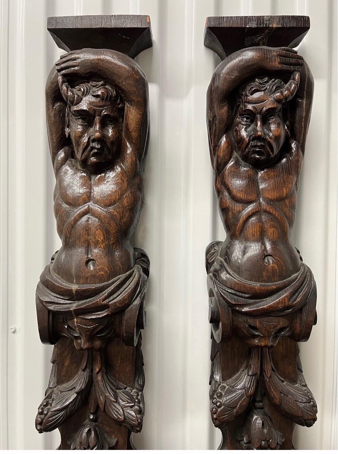 A pair of opposing highly carved wall mount sculptures. Absolutely incredible detail of “Angel & Demons”. Likely salvaged from an old fireplace mantel or entryway. Directly from a NYC estate.