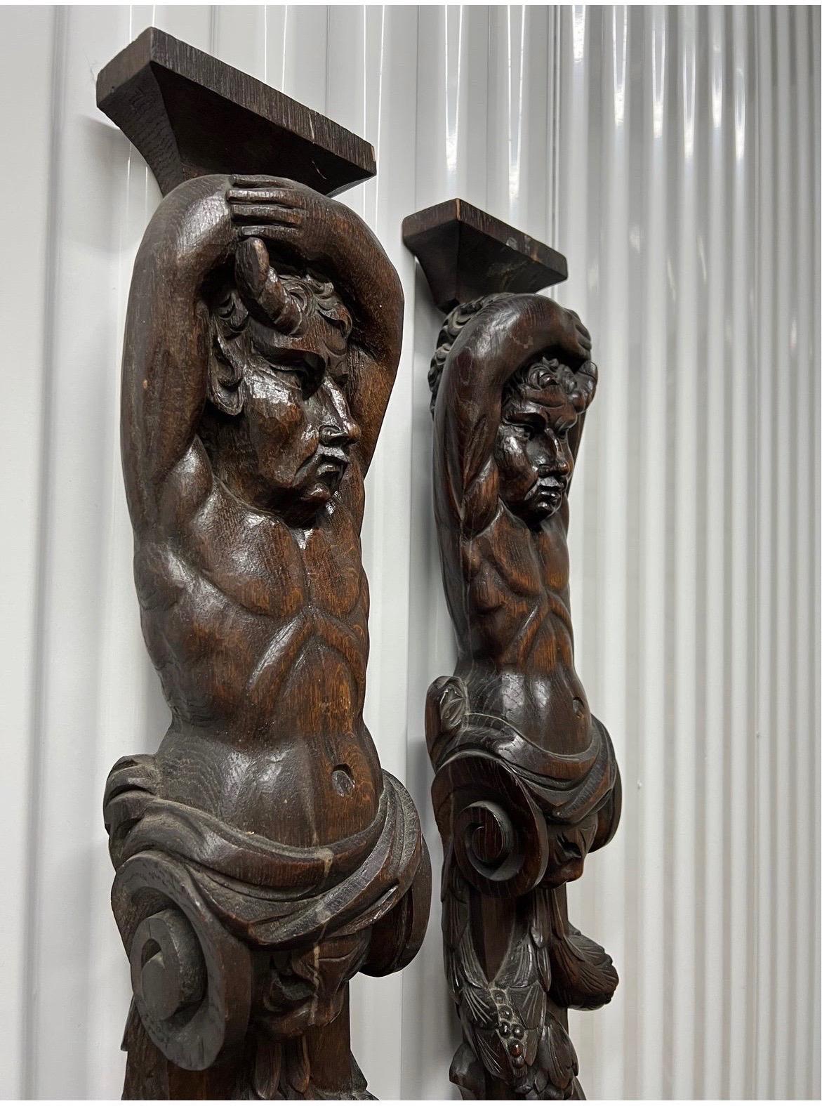Antique Opposing Highly Carved Mahogany Wall Decor Mounts Angel & Demon, Pair 1