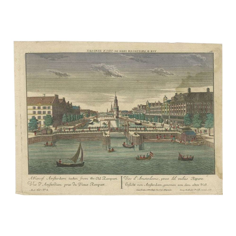 Antiker Optica-Druck von Amsterdam aus dem alten Rampart, Niederlande, um 1760