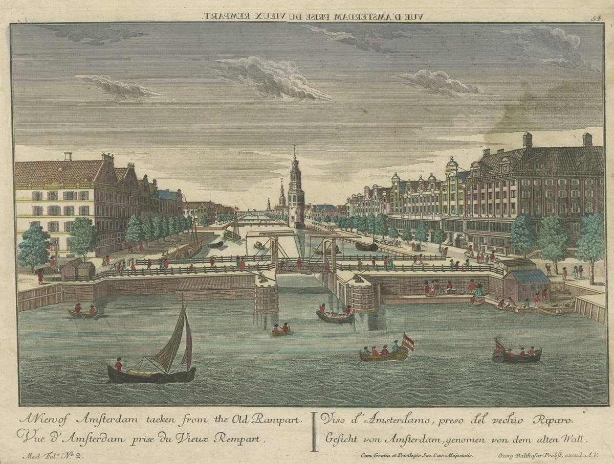Antique Optica Print of Amsterdam from the Old Rampart, Netherlands, C.1760