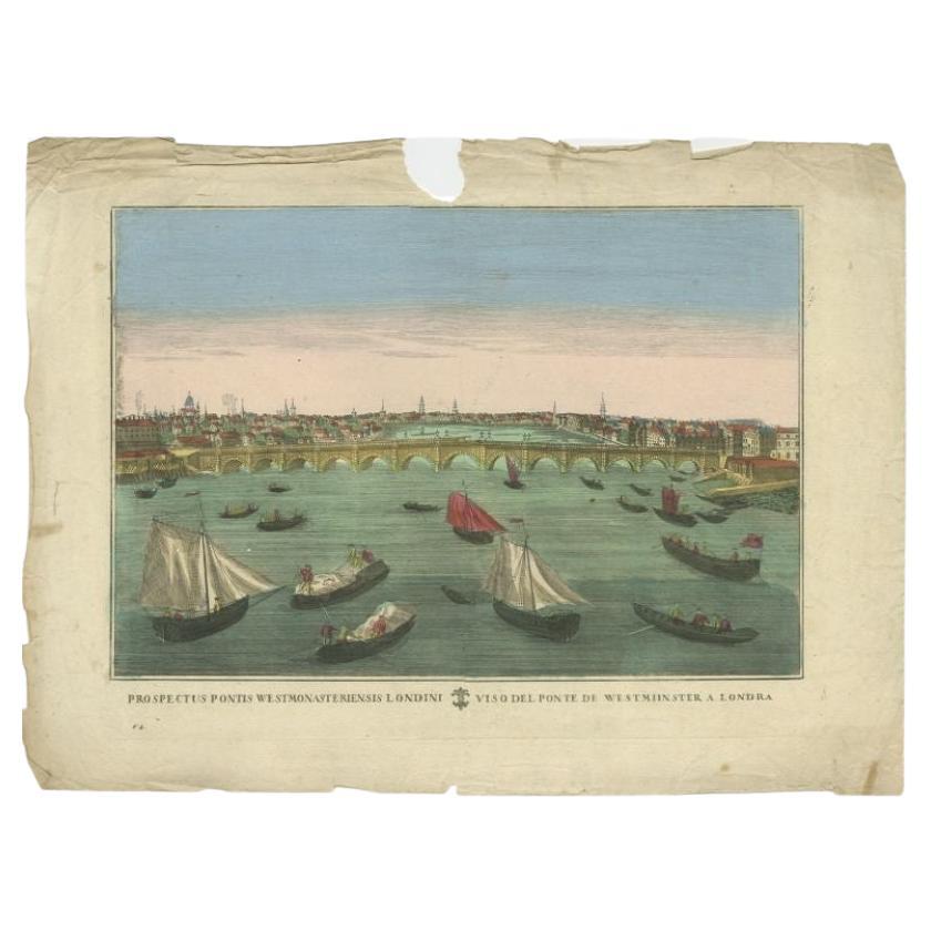 Stampa antica intitolata 'Prospectus Pontis Westmonasteriensis Londini - Viso del Ponte de Westmiinster a Londra'. Stampa antica del ponte di Westminster, Londra. Si tratta di una stampa ottica, chiamata anche 