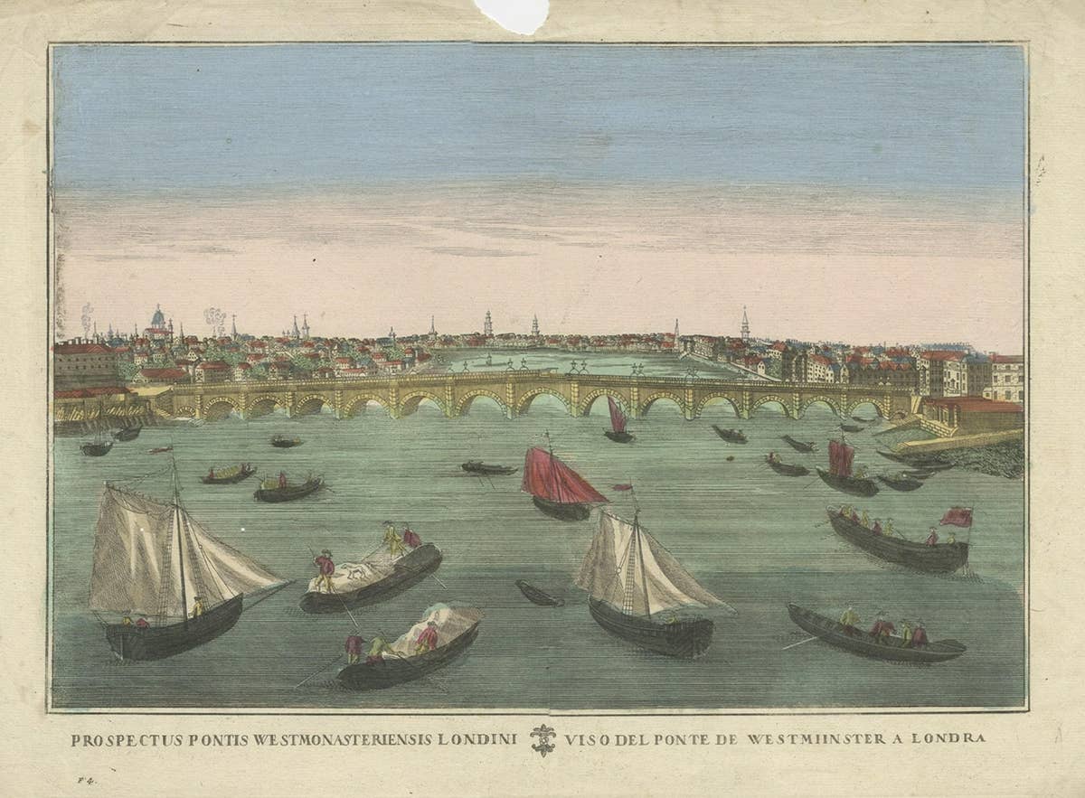 Antique Optica Print of the Westminster Bridge in London, c.1770