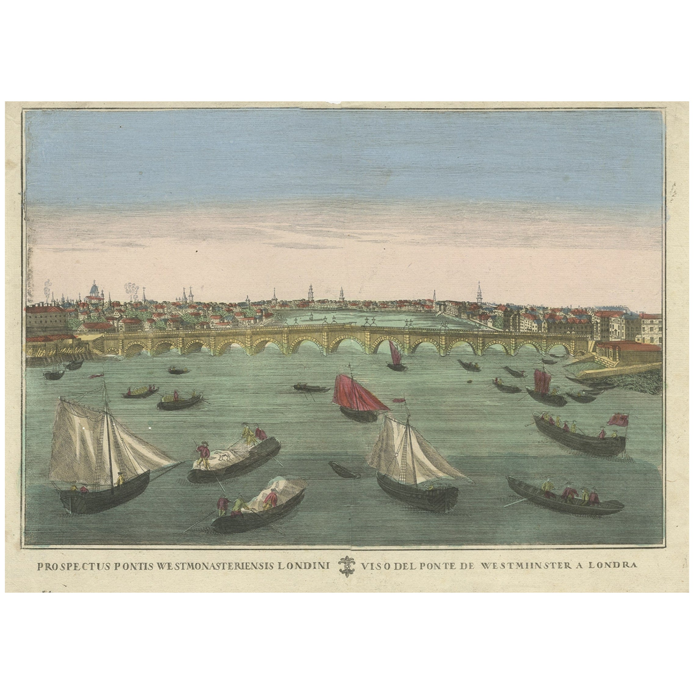 Impression ancienne Optica du pont de Westminster à Londres, vers 1770 en vente