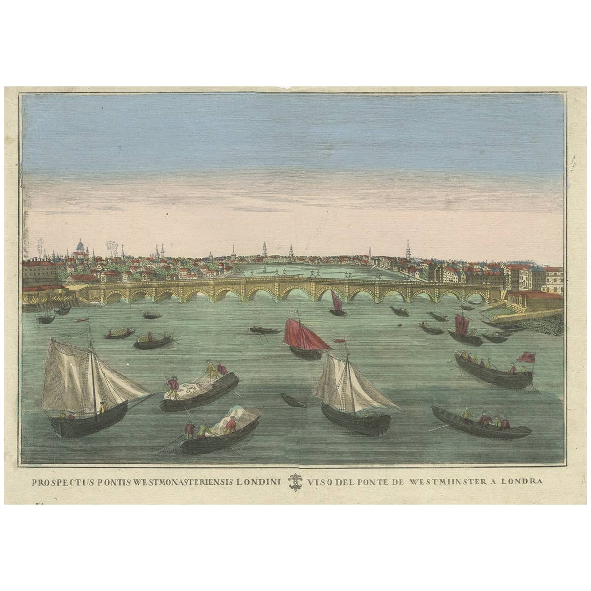 Antique Optica Print of the Westminster Bridge in London, c.1770