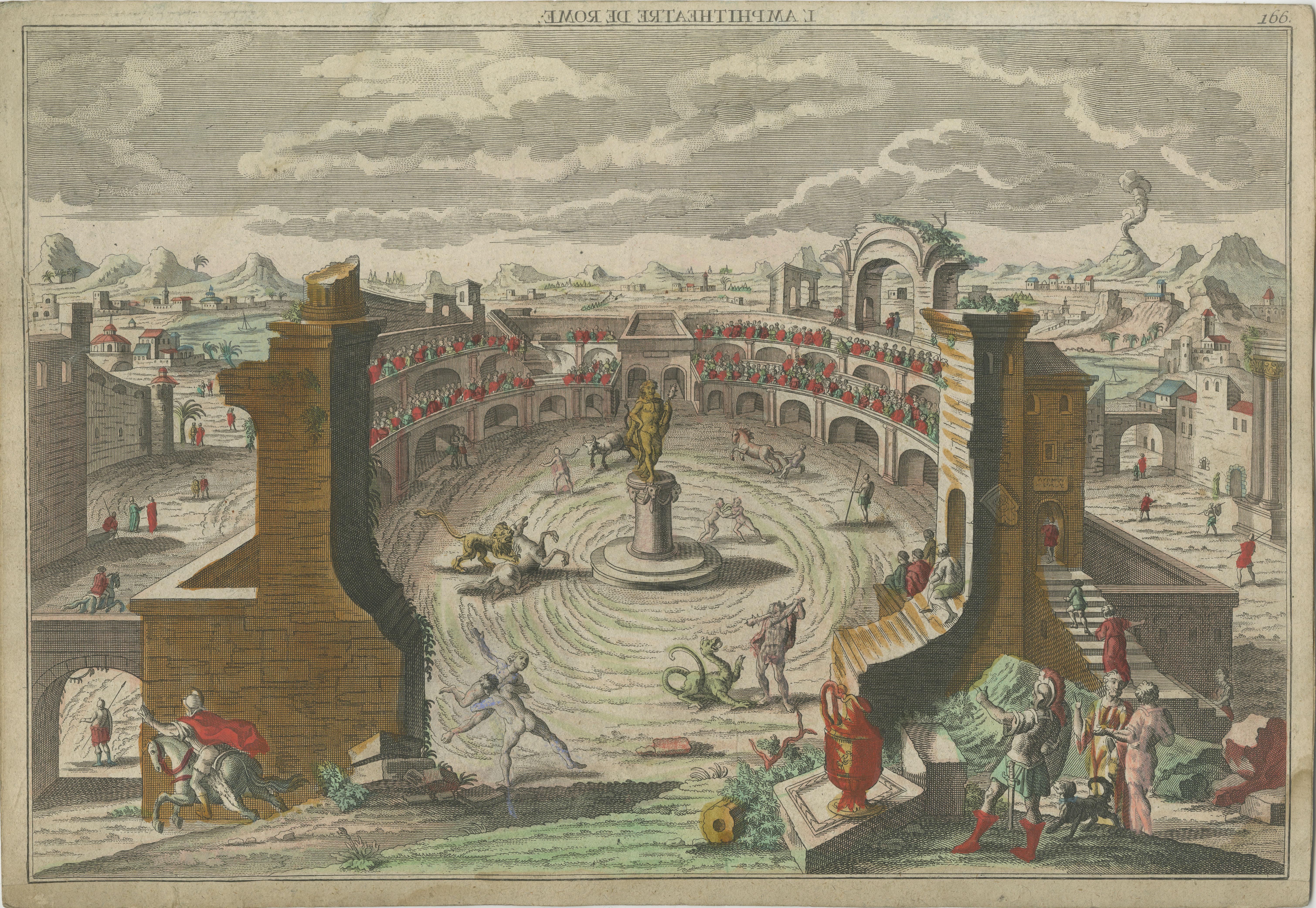 Antique print titled 'L'Amphitheatre de Rome'. A vue d'optique of a Roman amphitheatre. This is an optical print, also called 'vue optique' or 'vue d'optique', which were made to be viewed through a Zograscope, or other devices of convex lens and