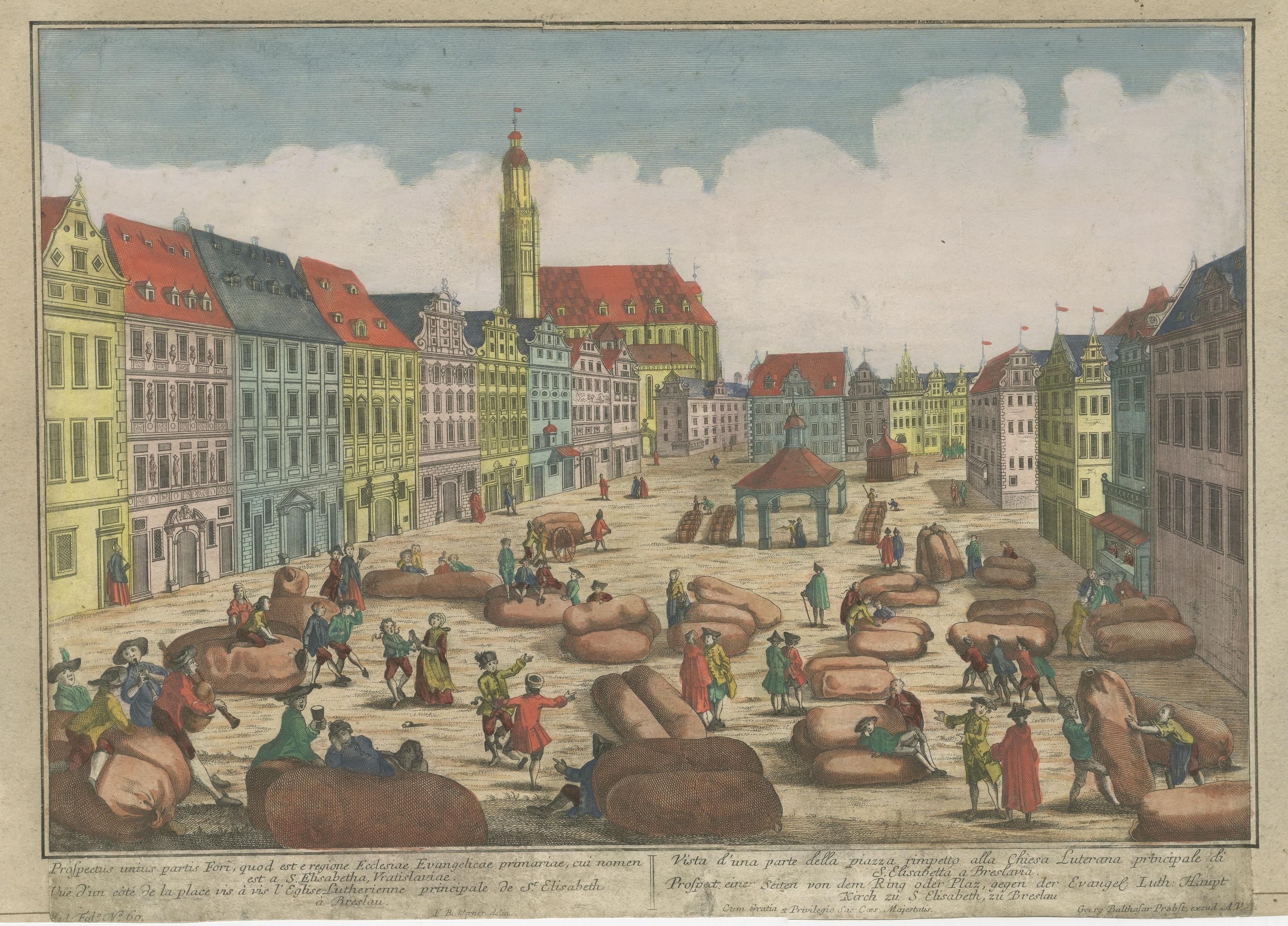 Antique Optical Print of the Market Square with St. Elizabeth Church, Wroclaw In Fair Condition For Sale In Langweer, NL