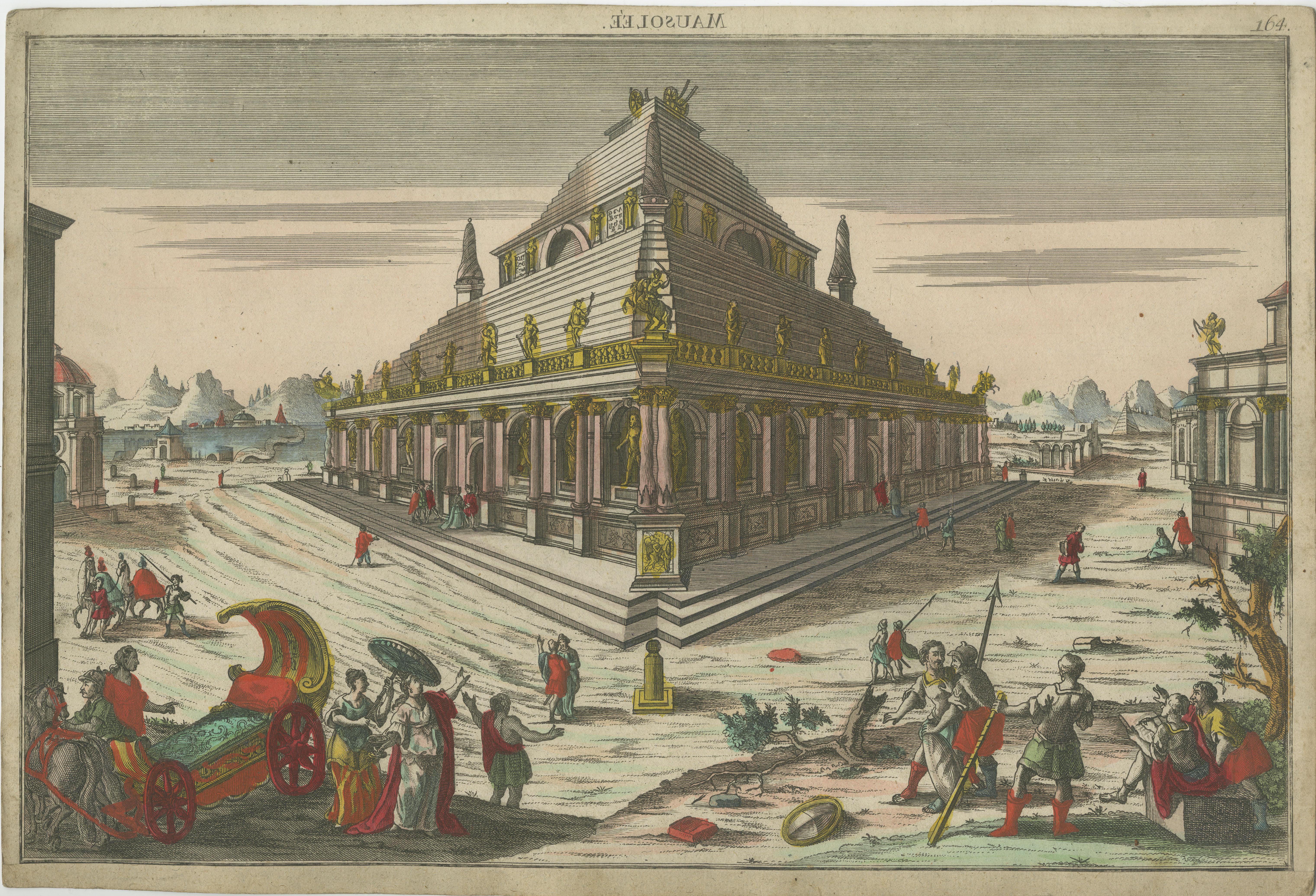 Antique print titled 'Mausolee'. A vue d'optique of the Mausoleum of Halicarnassus, Halicarnassus also spelled Halikarnassos, one of the Seven Wonders of the World. The monument was the tomb of Mausolus, ruler of Caria, in southwestern Asia Minor.