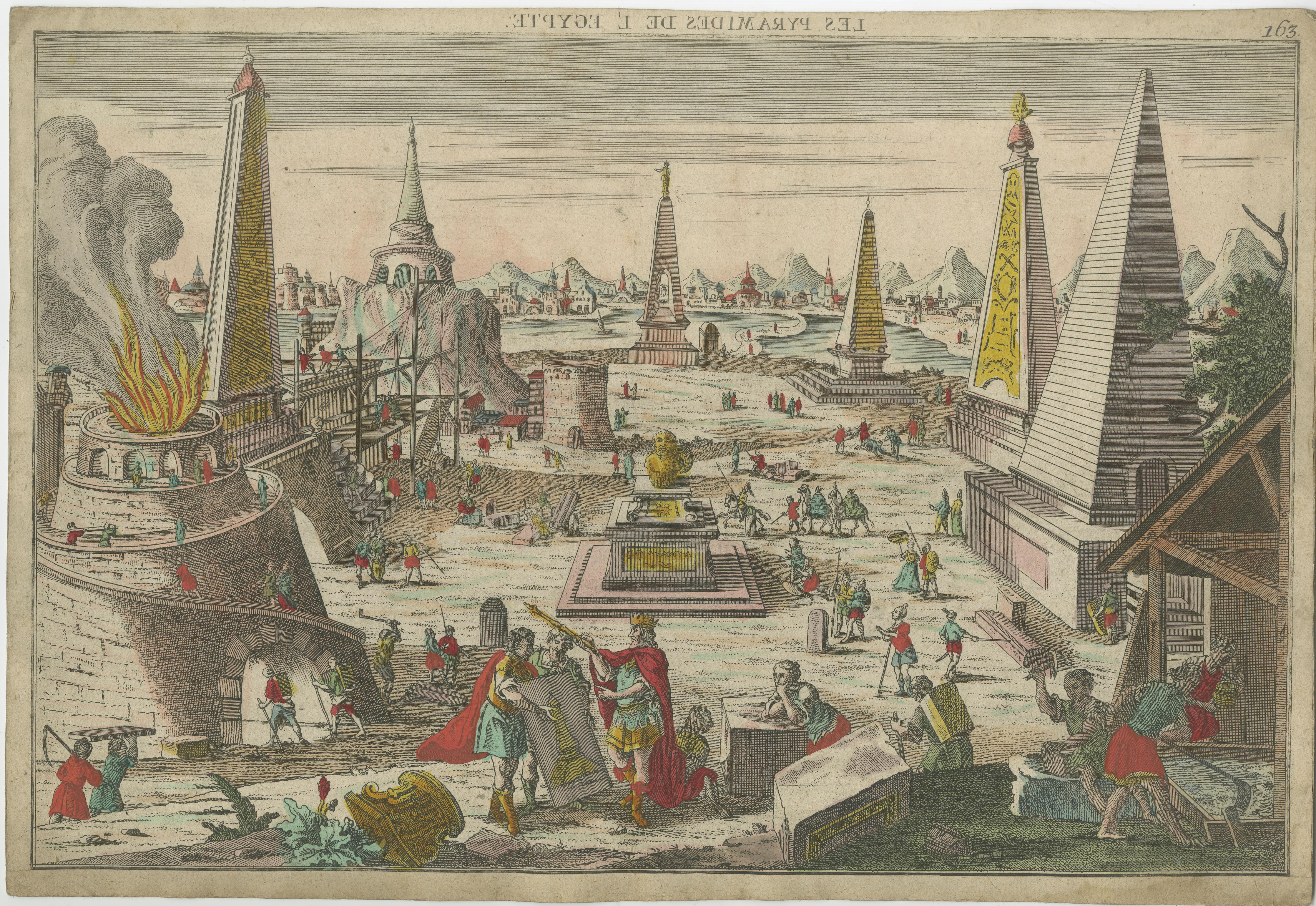 Antique print titled 'Les Pyramides de l'Egypte'. A vue d'optique of the pyramids of Egypt, one of the Seven Wonders of the World.

This is an optical print, also called 'vue optique' or 'vue d'optique', which were made to be viewed through a