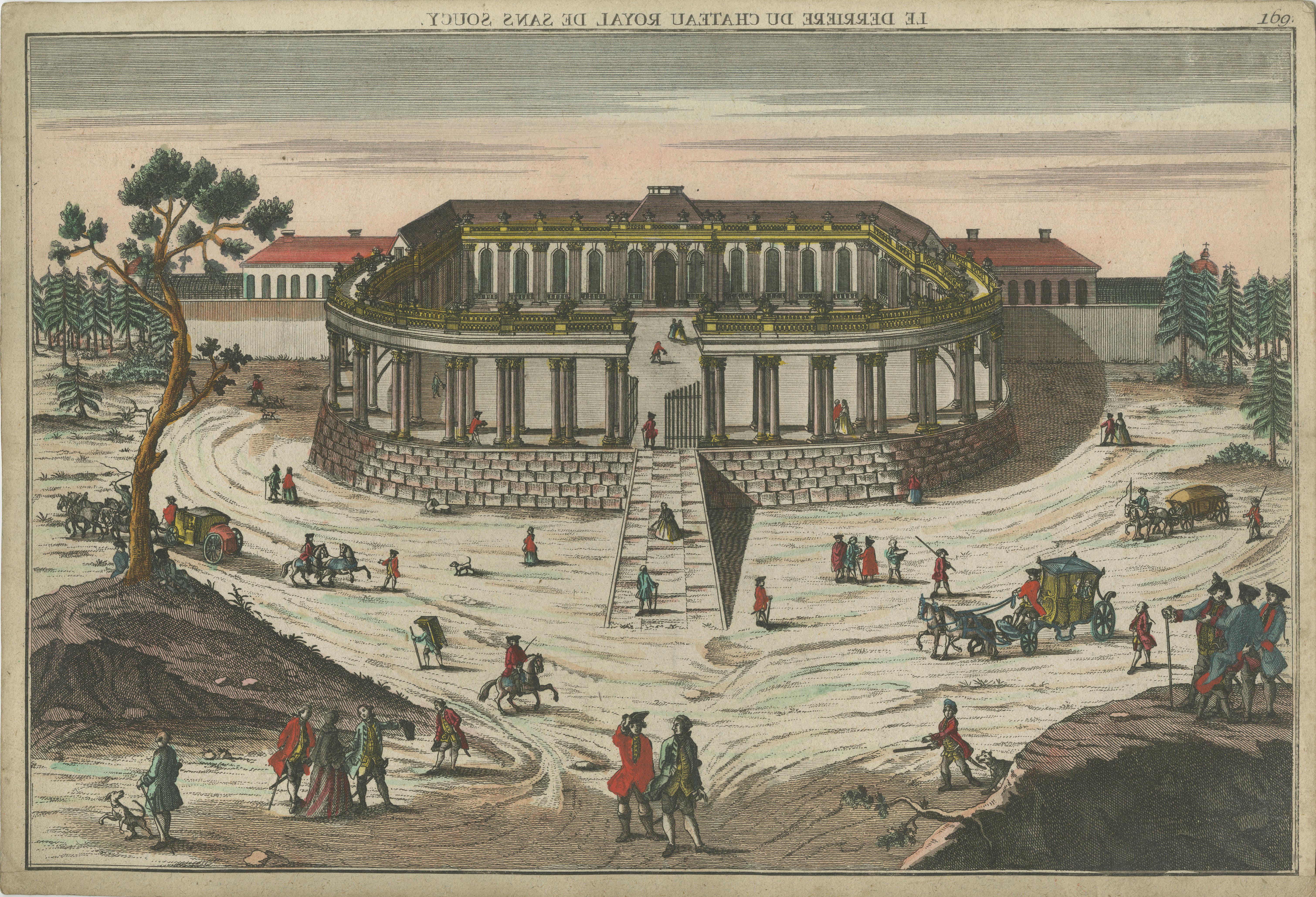 Antique print titled 'Le Derriere du Chateau Royal de sans Soucy'. A vue d'optique of the Sanssouci Palace, Potsdam, the title printed in reverse. The open spaces in the foreground are populated by groups of well-dressed courtiers and servants, and