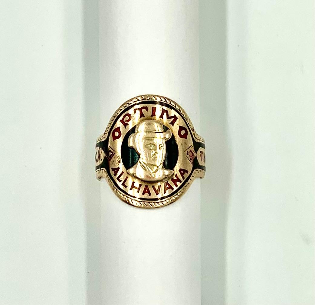 Antique Optimo All Havana Polychrome Enamel 14K Rose Gold Cigar Band Ring In Good Condition In New York, NY