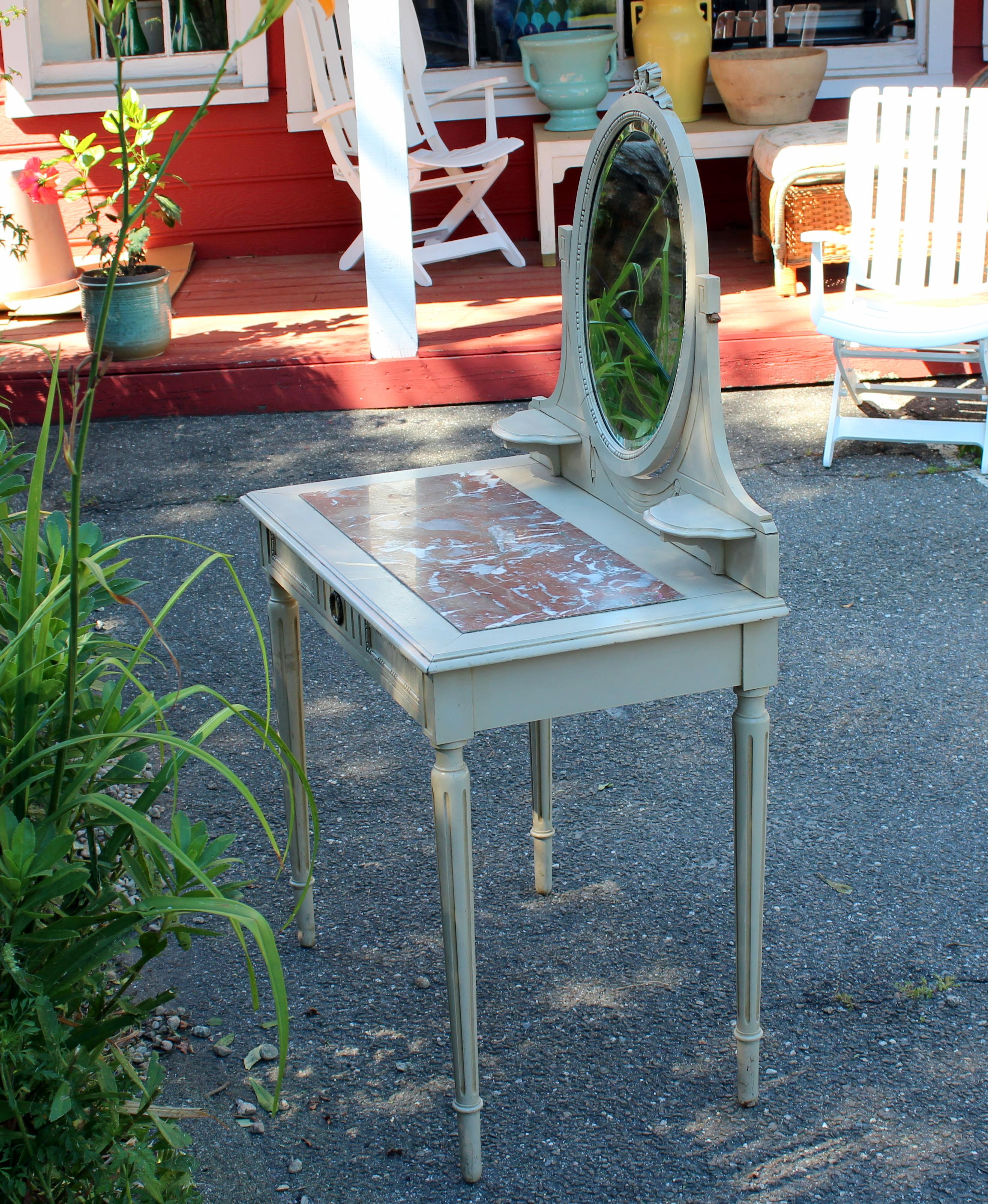 Antique or Vintage French Marble Top Vanity Table Beveled Mirror Country Painted 1