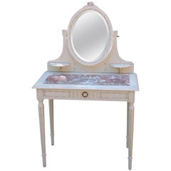 Antique or Vintage French Marble Top Vanity Table Beveled Mirror Country Painted