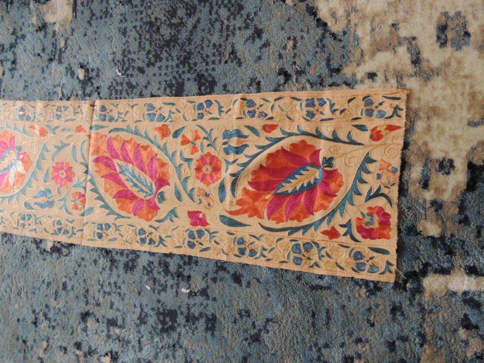Hand-Crafted Antique Orange and Blue Long Suzani Table Runner