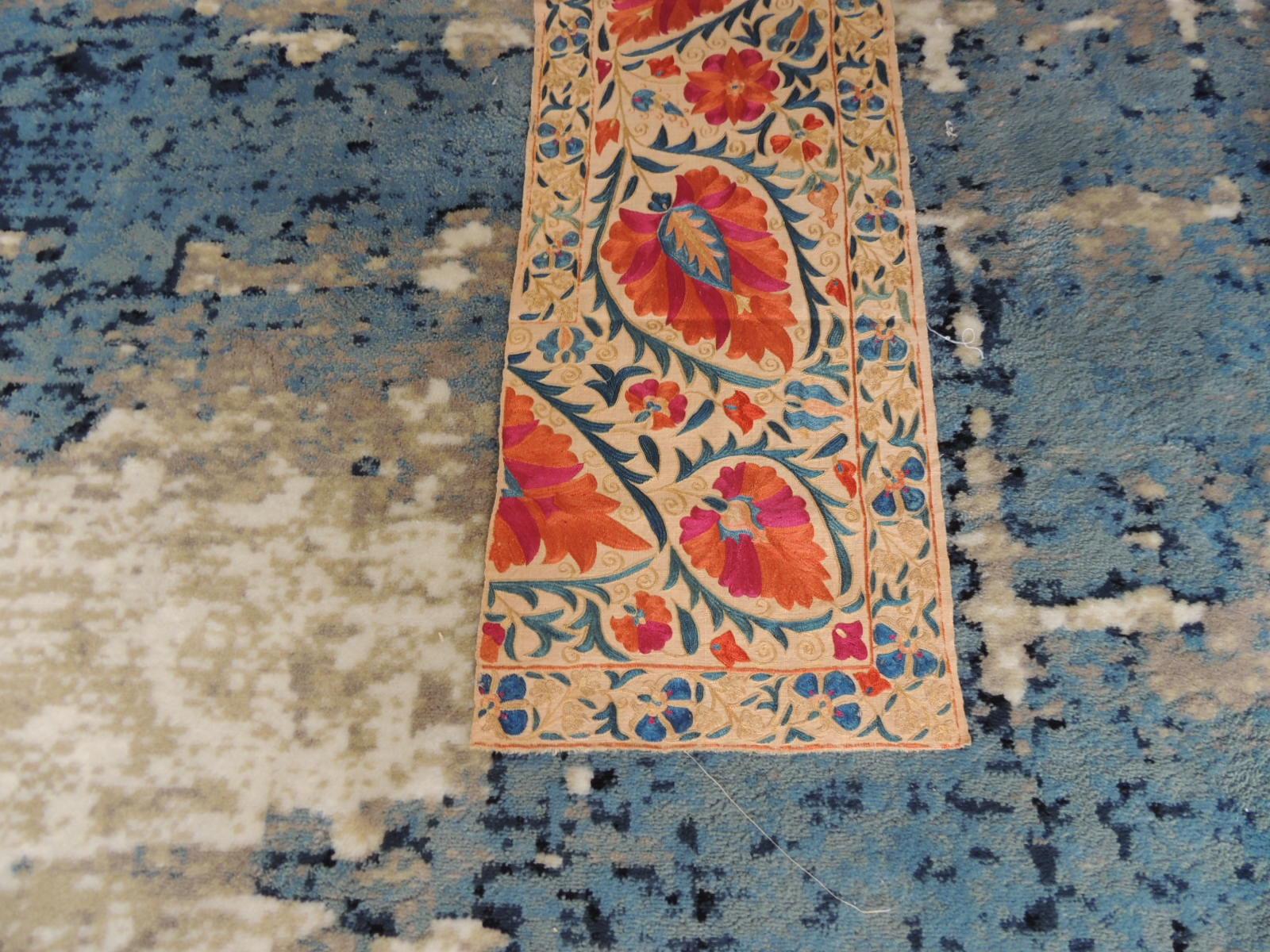 19th Century Antique Orange and Blue Long Suzani Table Runner