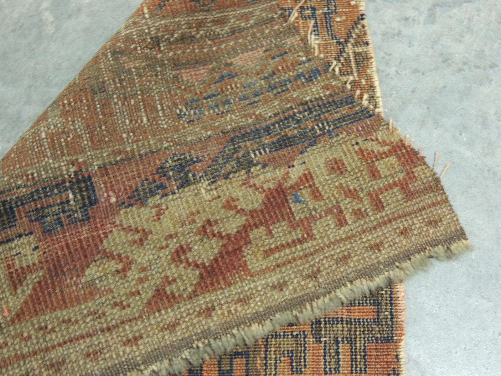 Hand-Crafted Antique Orange and Blue Persian Rug Fragment