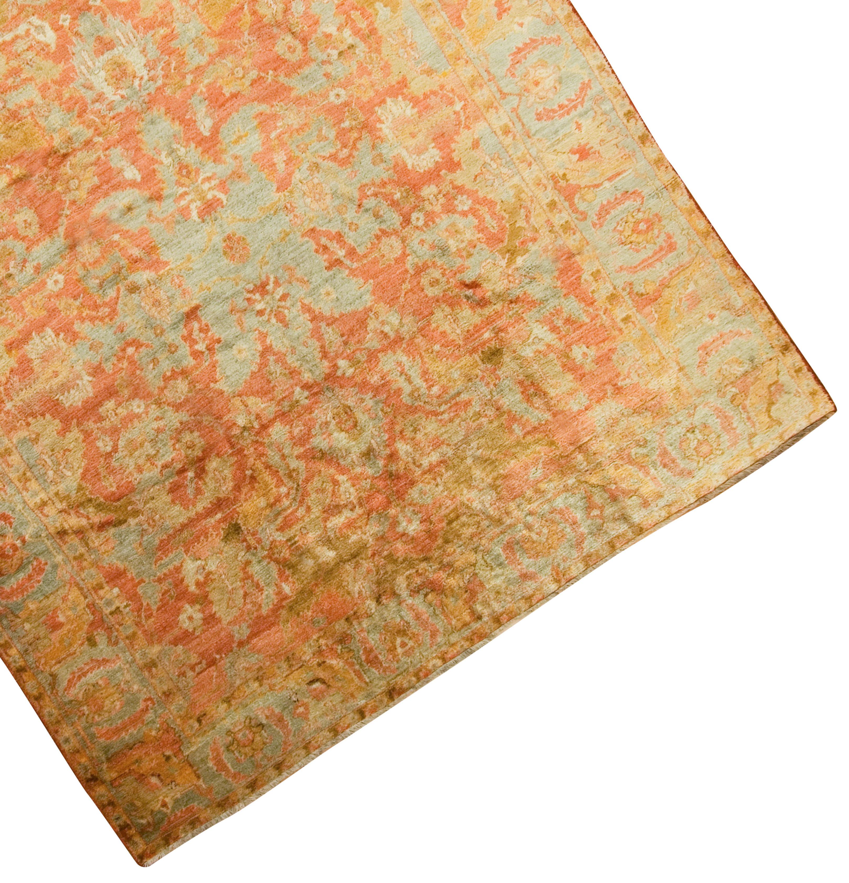 8'8 x 9'9. The pile of this light colored Oushak carpet is not sheep wool but the much more lustrous, long staple hair of the Angora goat. As a result the light side- dark side contrast of this piece is accentuated. The large scale pattern revolves