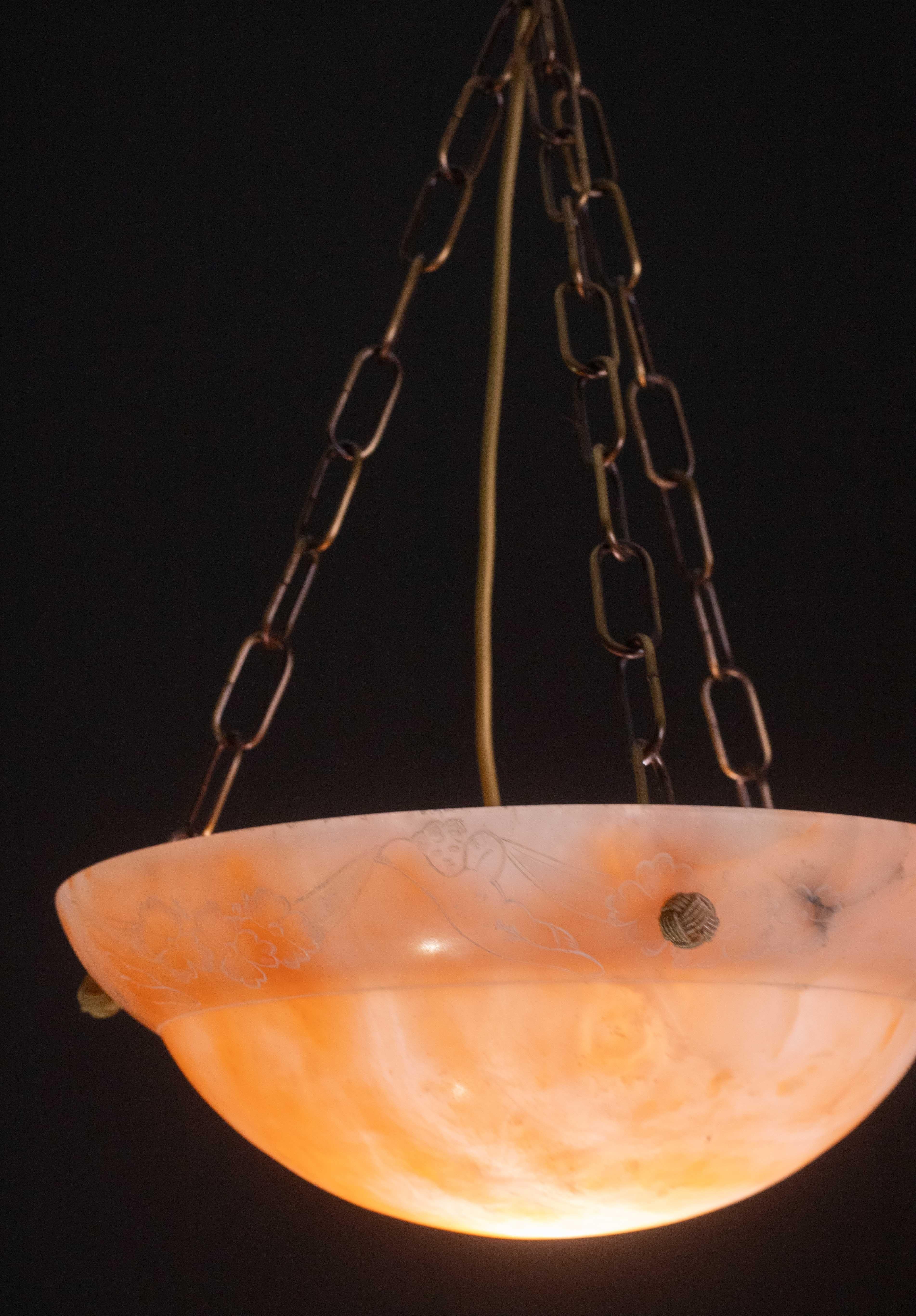 Antique Orange Art Decò Liberty Alabaster Chandelier with decorations, 1940s For Sale 5
