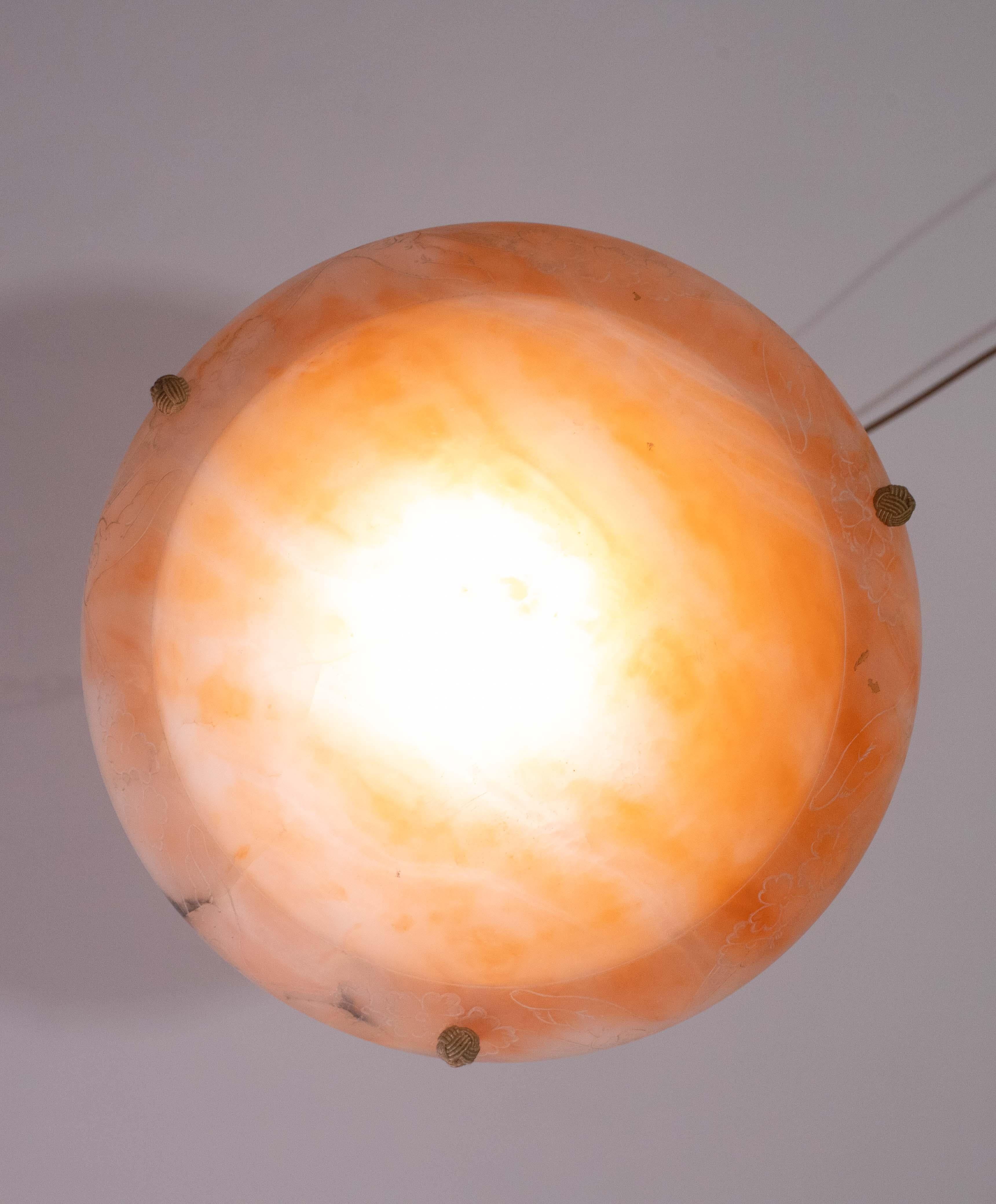Antique Orange Art Decò Liberty Alabaster Chandelier with decorations, 1940s For Sale 6