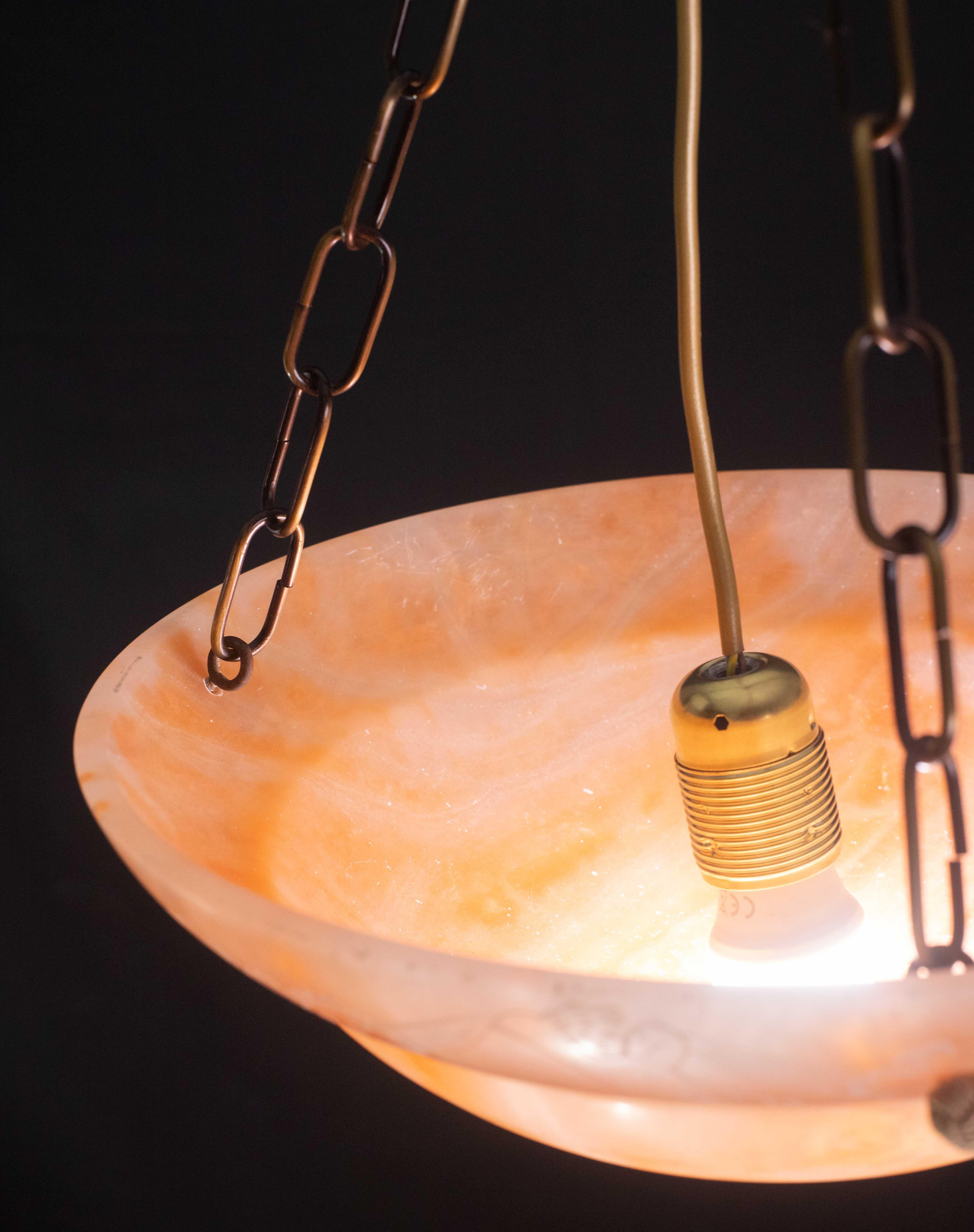 Antique Orange Art Decò Liberty Alabaster Chandelier with decorations, 1940s For Sale 7