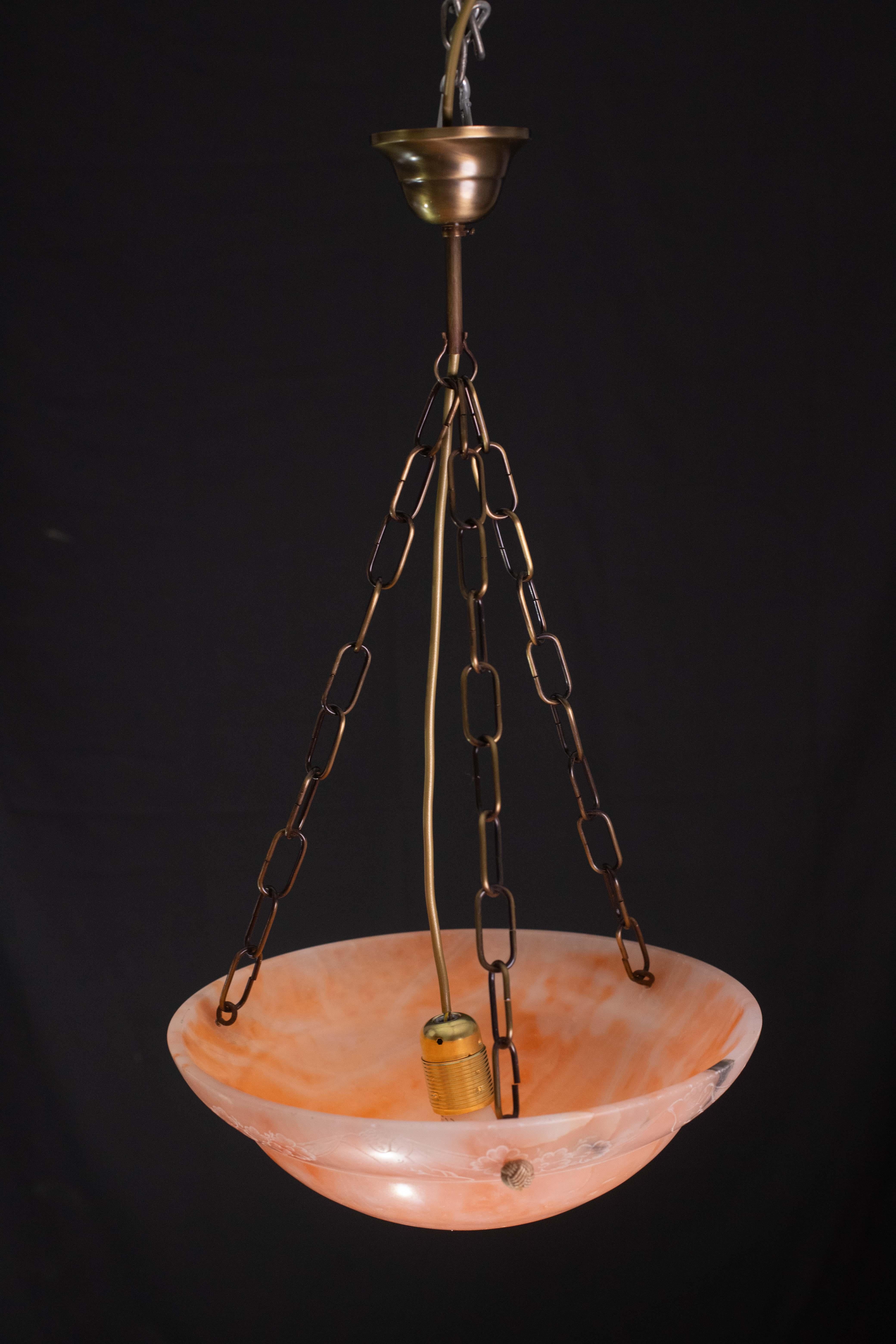 Antique Orange Art Decò Liberty Alabaster Chandelier with decorations, 1940s For Sale 8