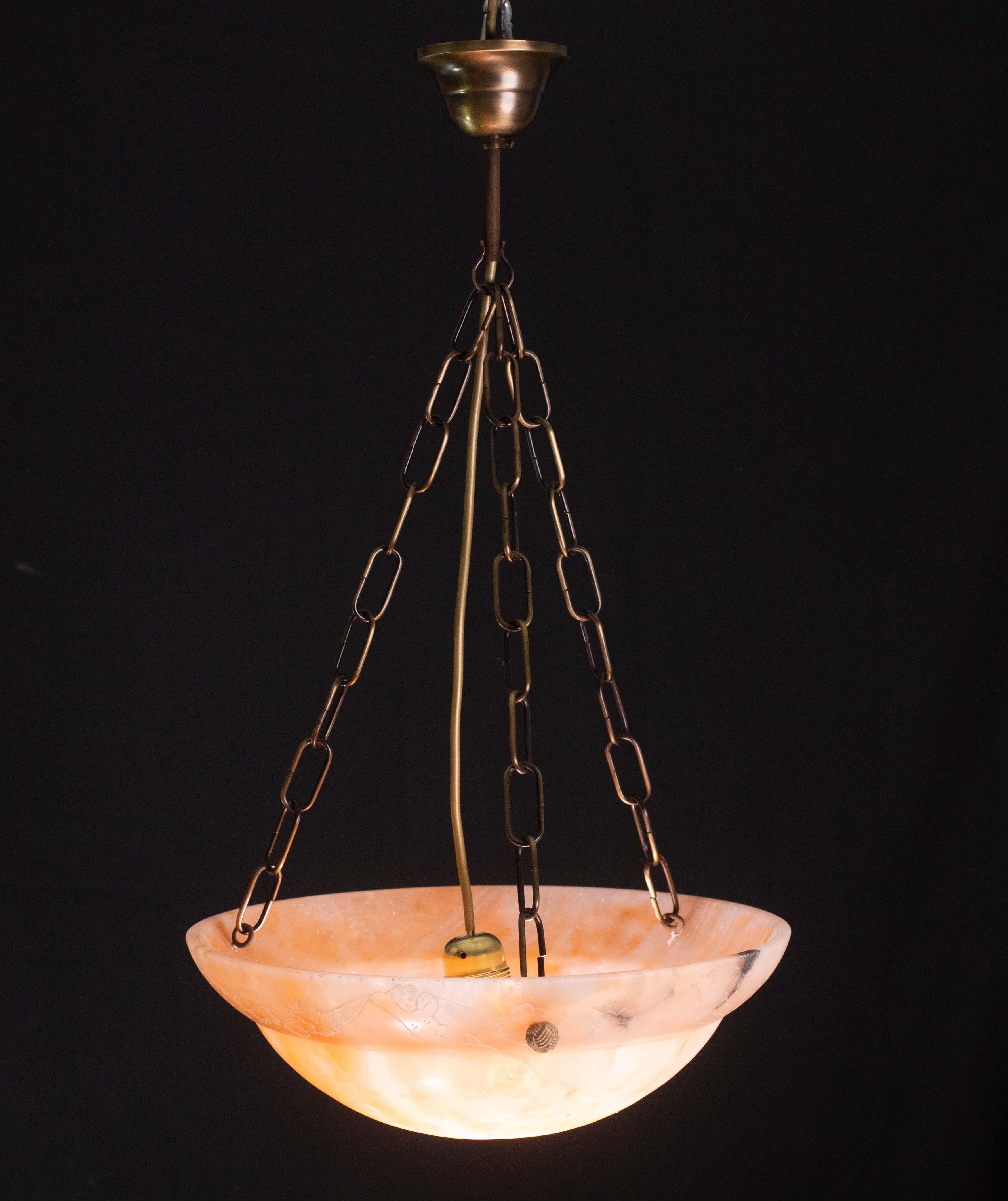 European Antique Orange Art Decò Liberty Alabaster Chandelier with decorations, 1940s For Sale