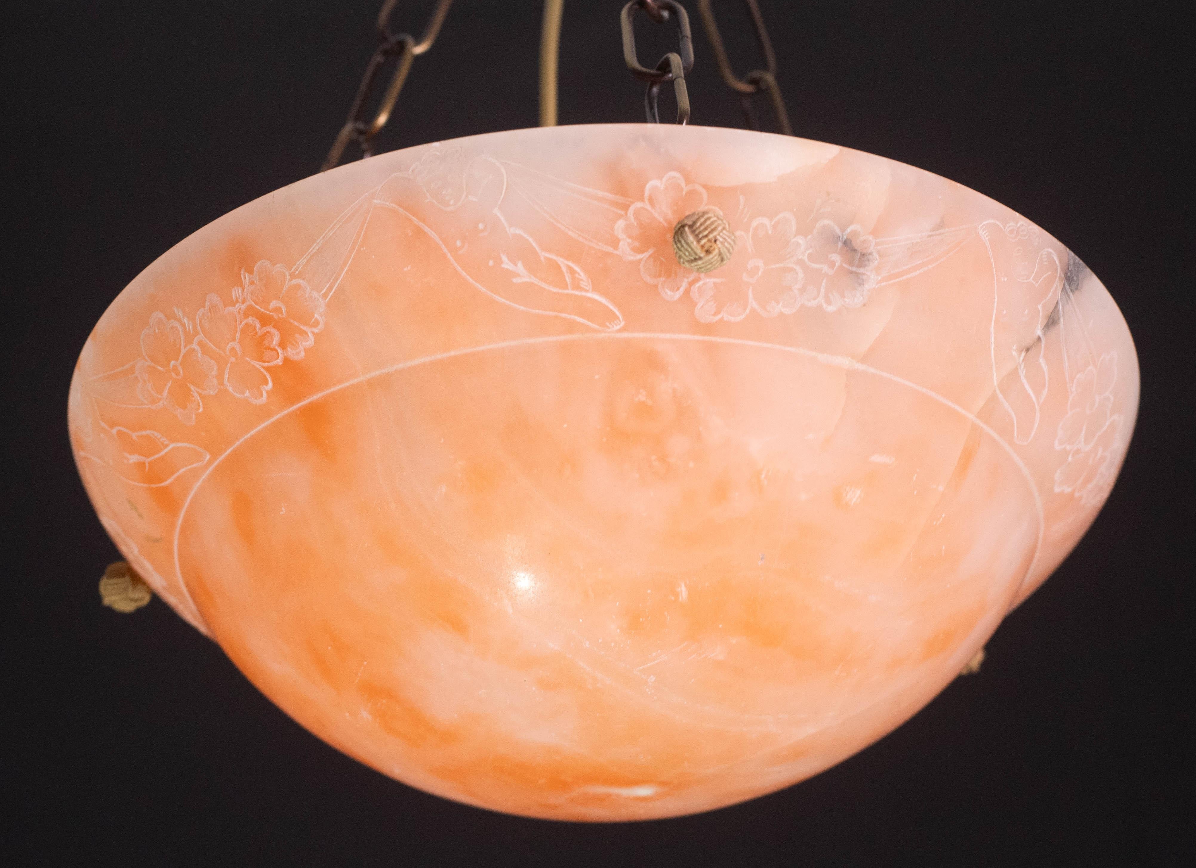 Antique Orange Art Decò Liberty Alabaster Chandelier with decorations, 1940s In Good Condition For Sale In Roma, IT