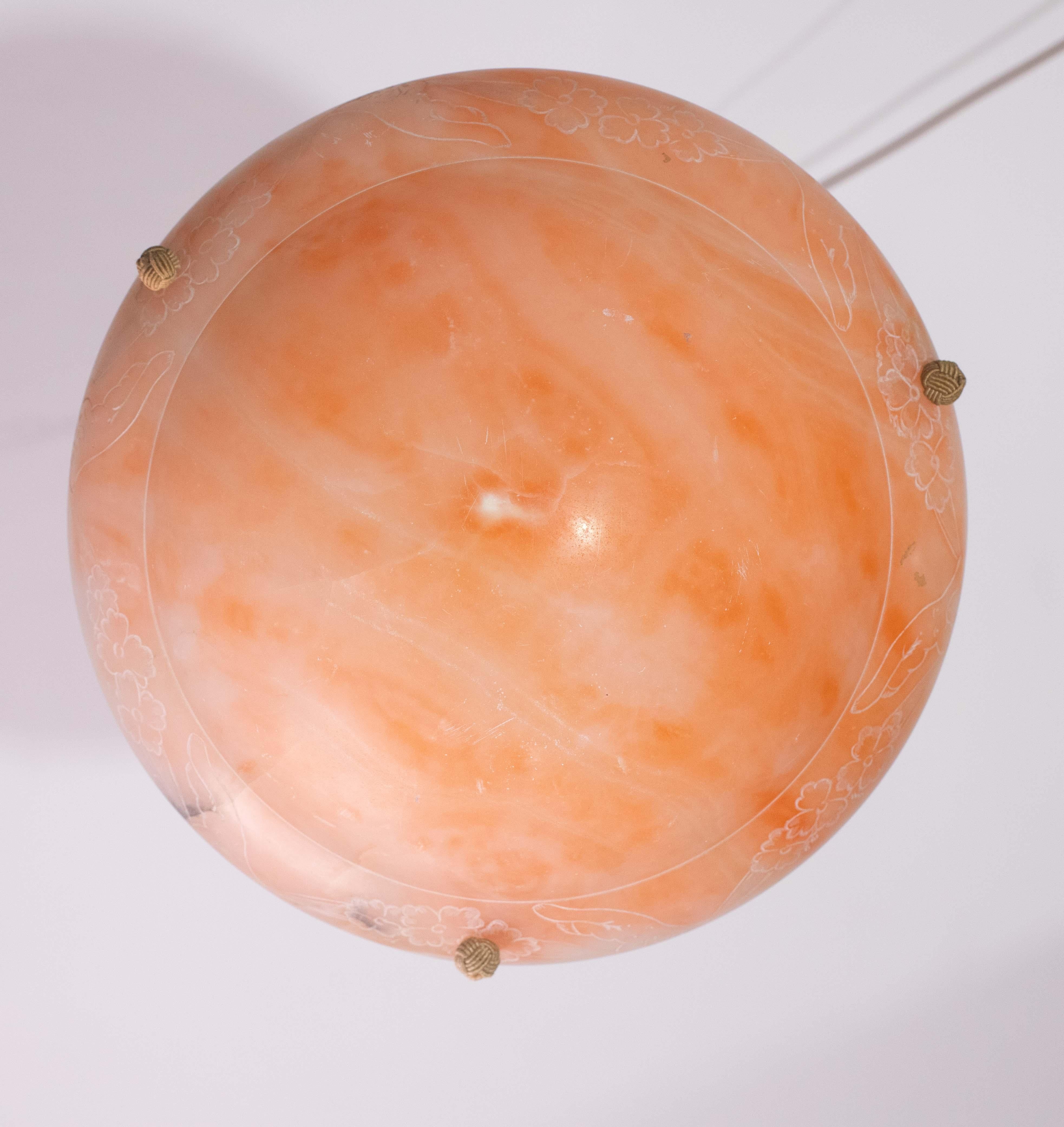 Mid-20th Century Antique Orange Art Decò Liberty Alabaster Chandelier with decorations, 1940s For Sale