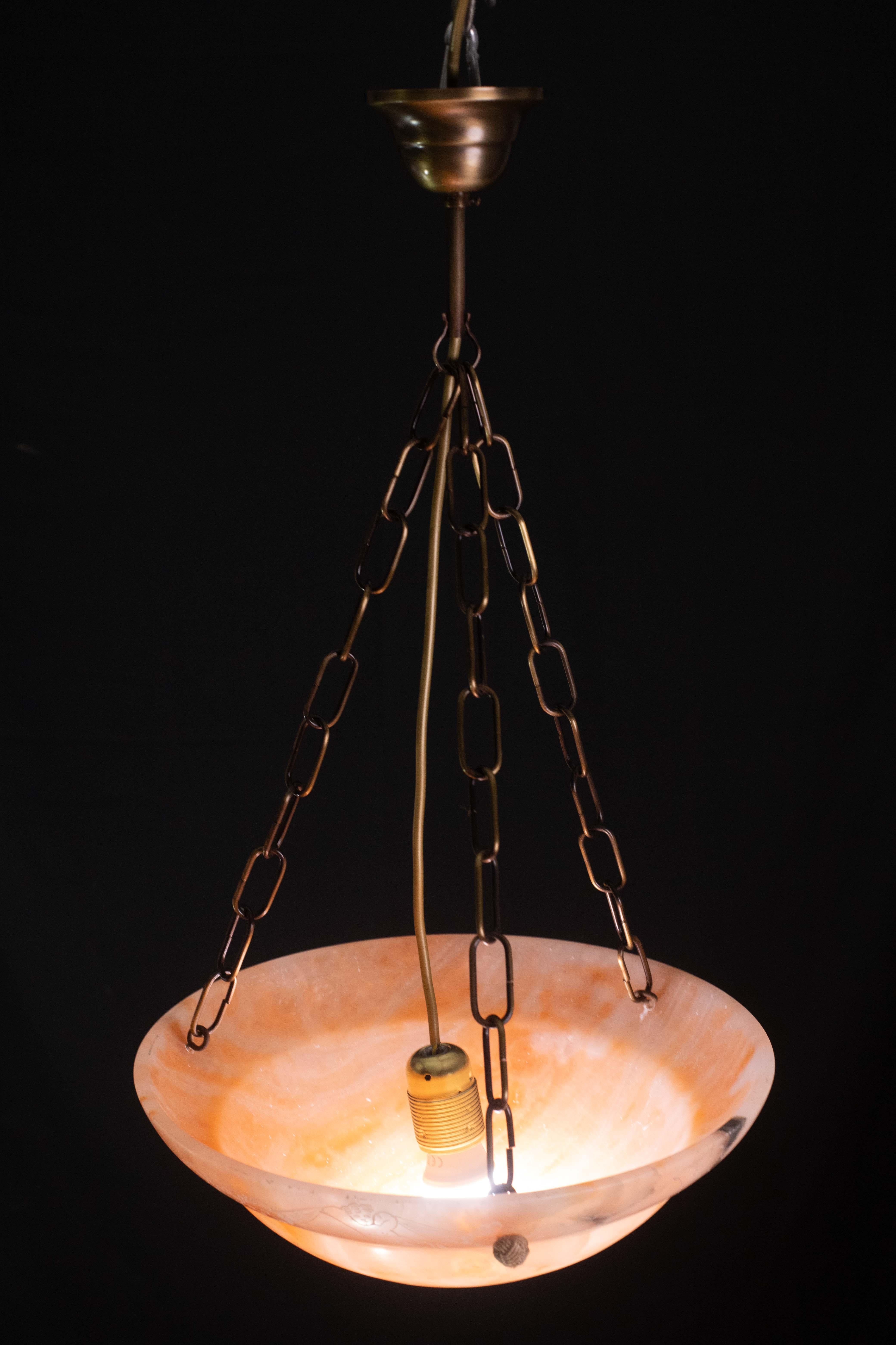 Antique Orange Art Decò Liberty Alabaster Chandelier with decorations, 1940s For Sale 1