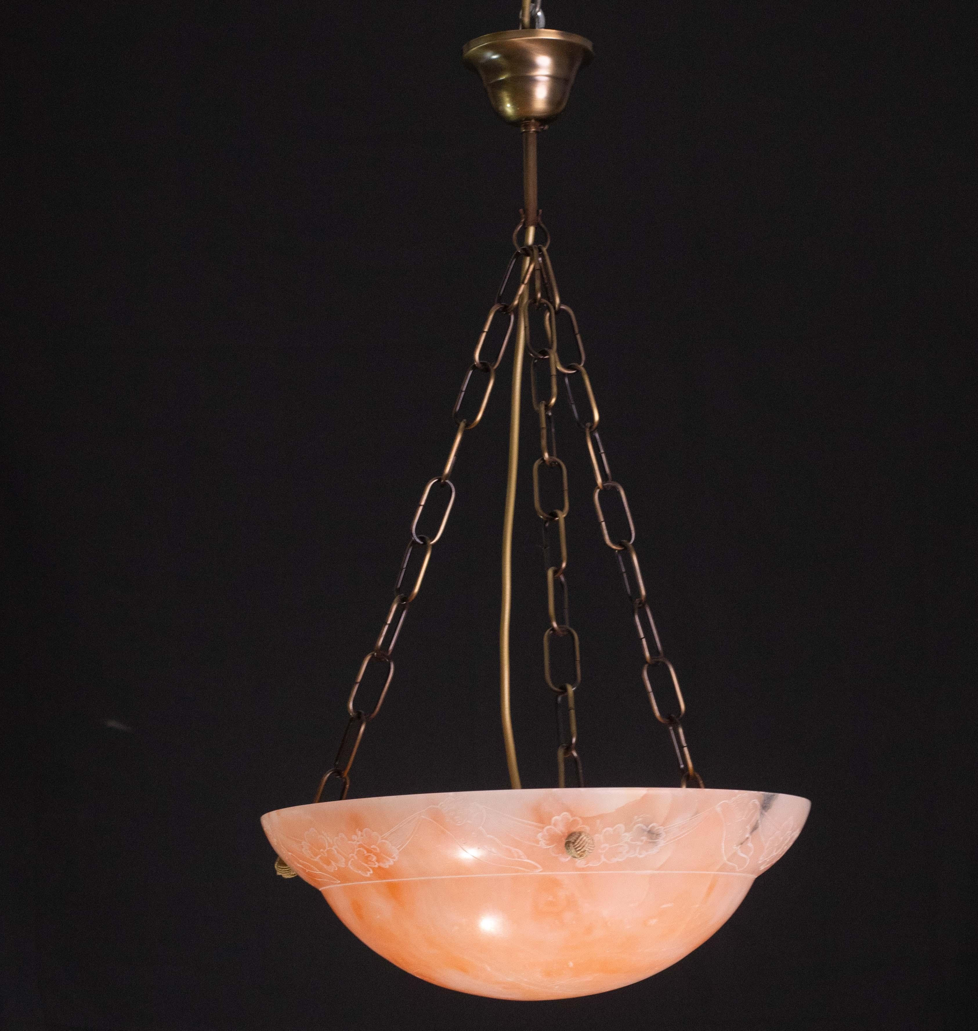 Antique Orange Art Decò Liberty Alabaster Chandelier with decorations, 1940s For Sale 2