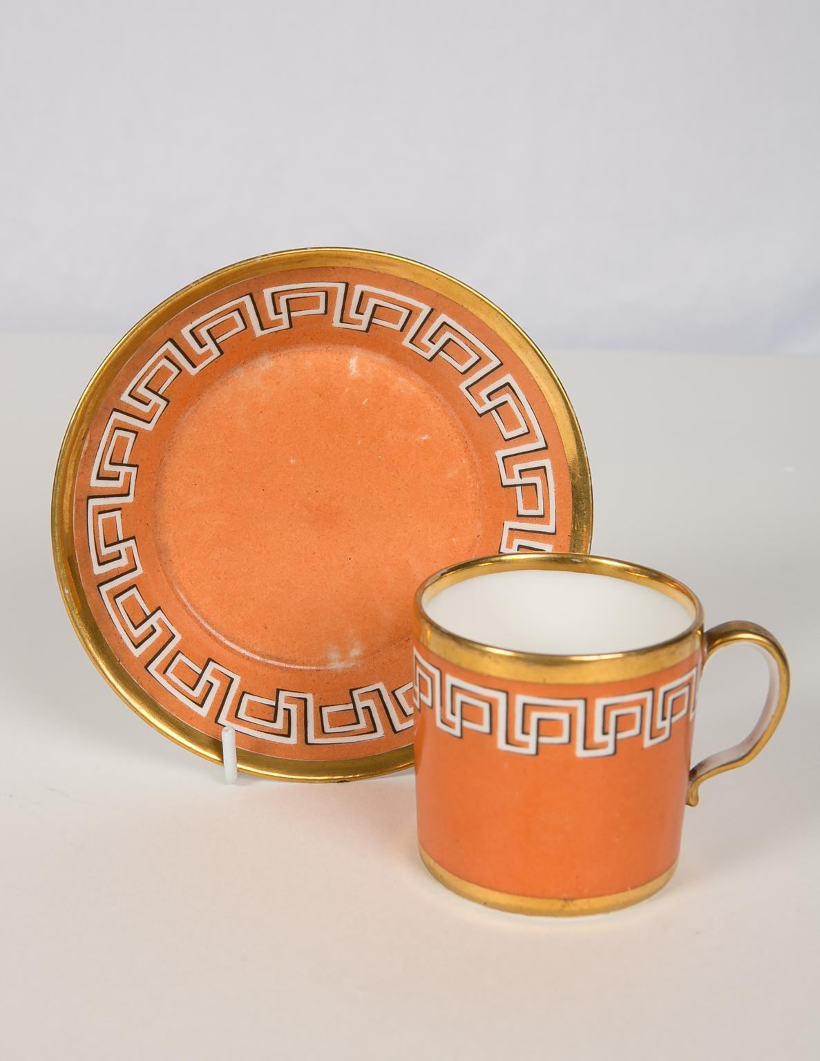 Antique Orange Cup and Saucer with Greek Key Gilt Design, England circa 1820 2