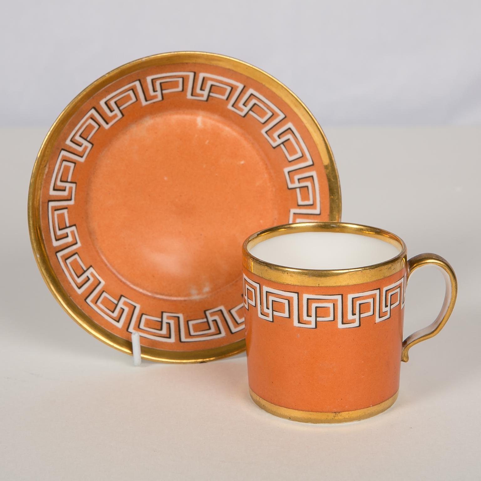 Antique Orange Cup and Saucer with Greek Key Gilt Design, England circa 1820 3