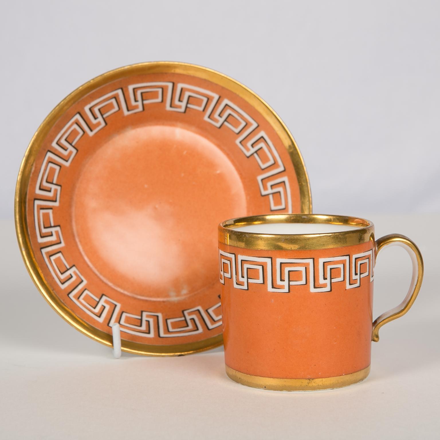 Antique Orange Cup and Saucer with Greek Key Gilt Design, England circa 1820 4