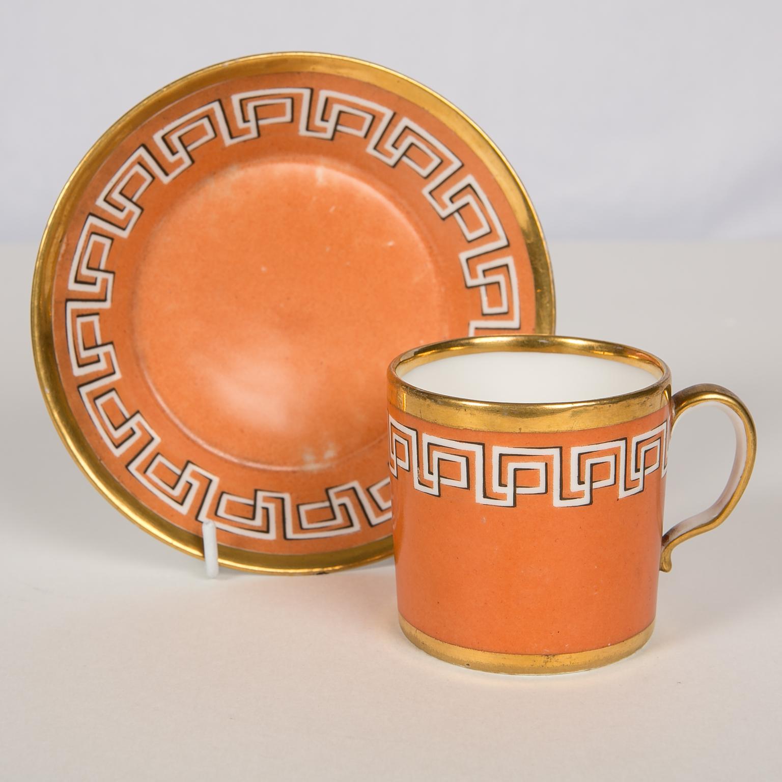 Antique Orange Cup and Saucer with Greek Key Gilt Design, England circa 1820 5