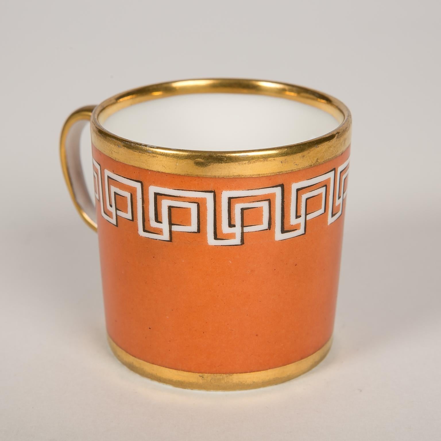 English Antique Orange Cup and Saucer with Greek Key Gilt Design, England circa 1820