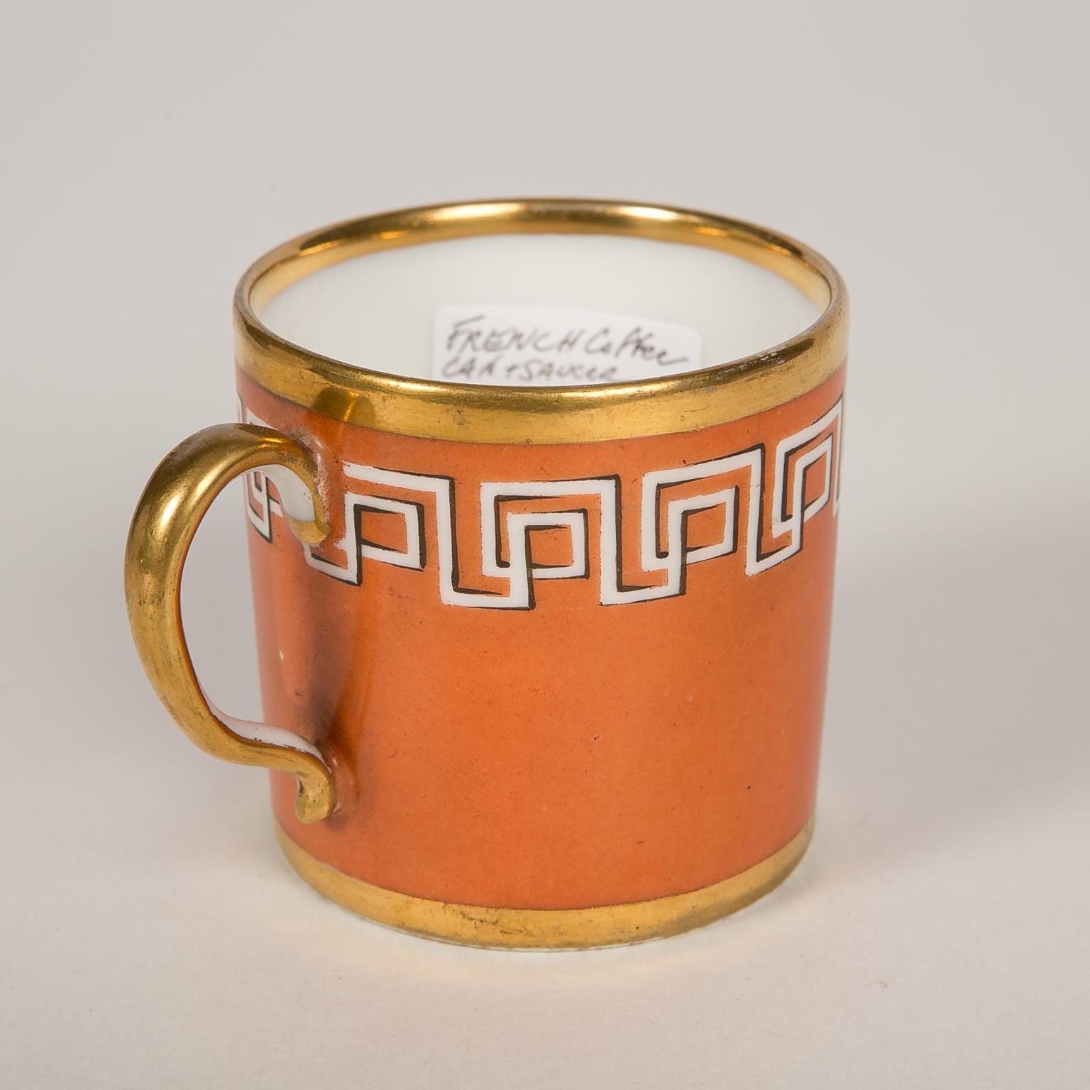 Enameled Antique Orange Cup and Saucer with Greek Key Gilt Design, England circa 1820