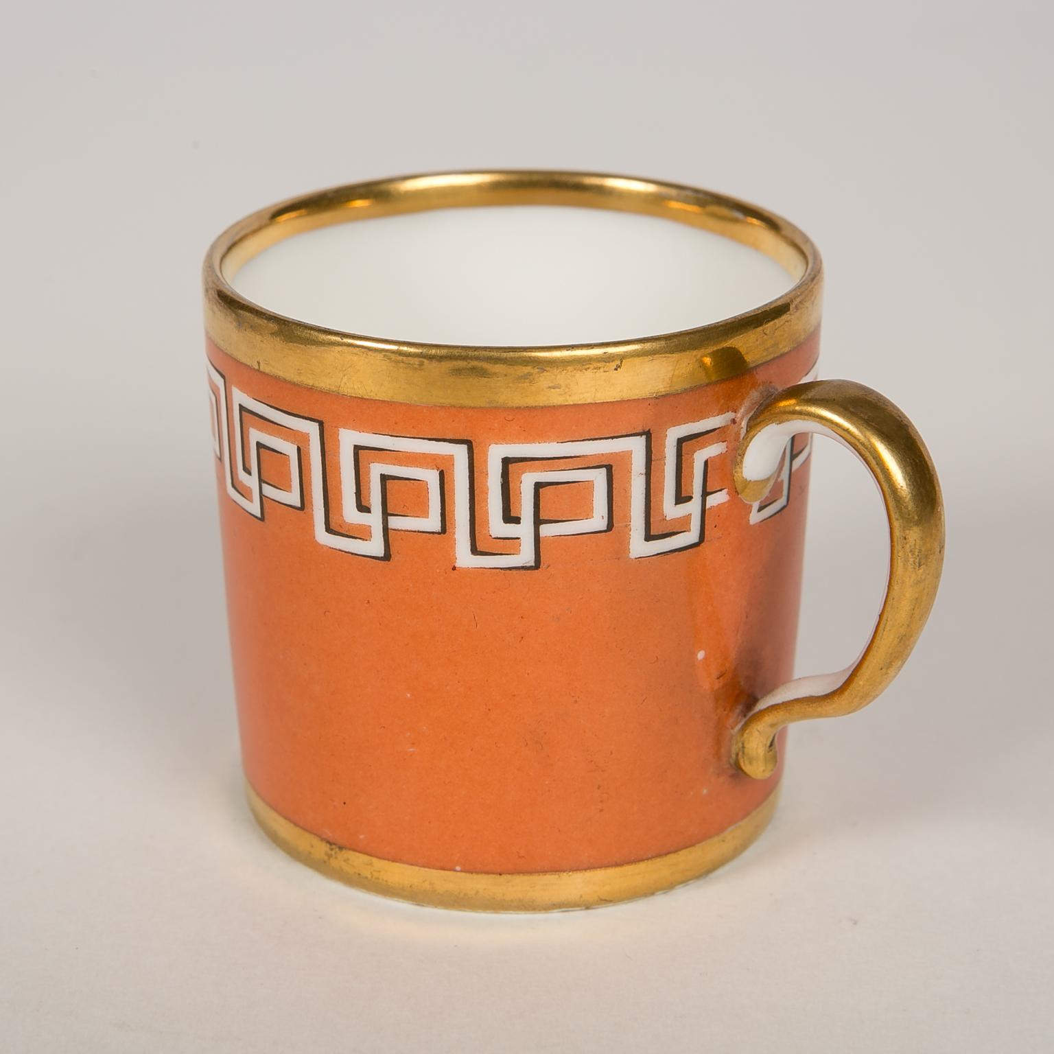 Antique Orange Cup and Saucer with Greek Key Gilt Design, England circa 1820 In Excellent Condition In Katonah, NY