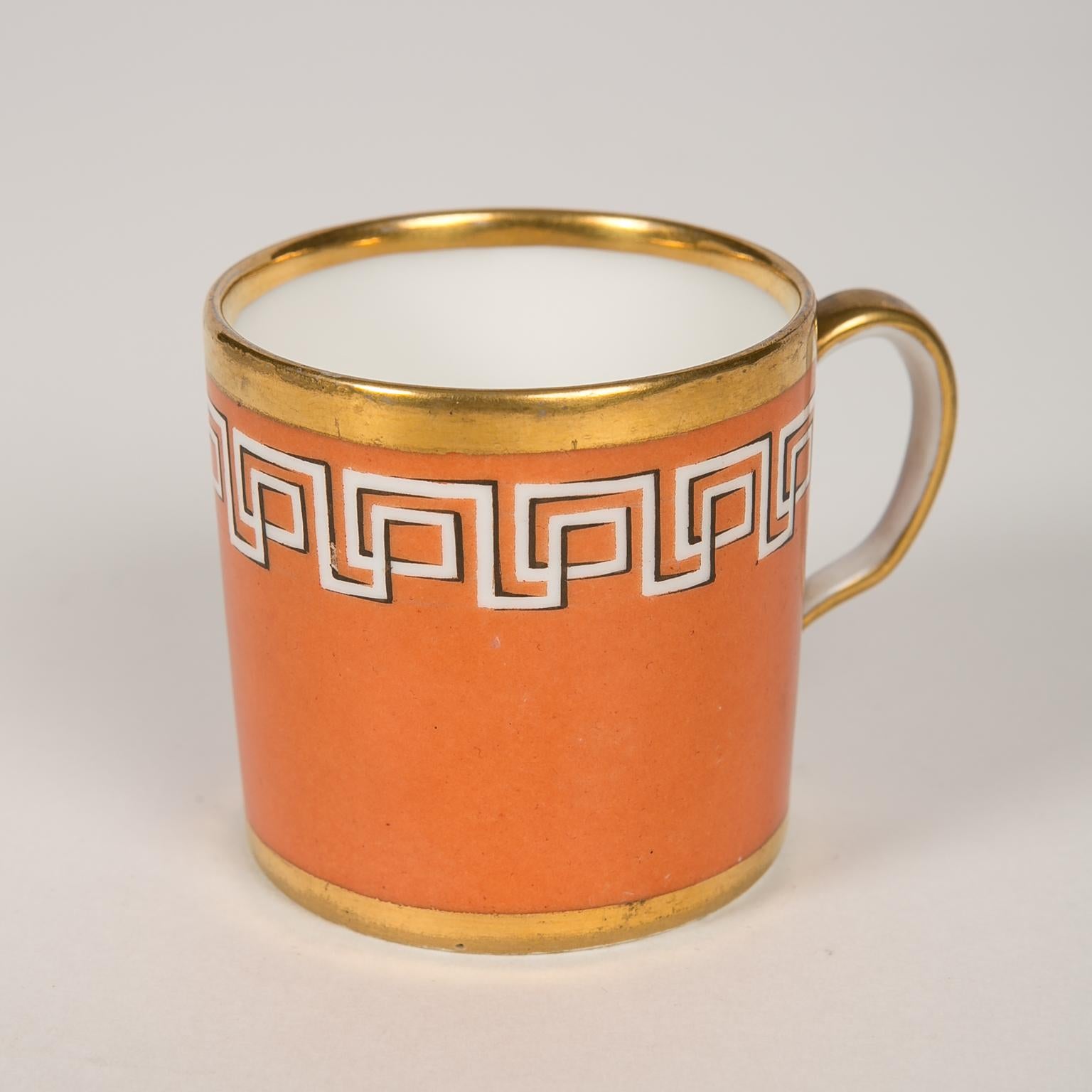 19th Century Antique Orange Cup and Saucer with Greek Key Gilt Design, England circa 1820