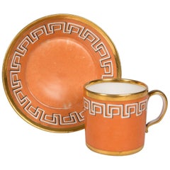 Antique Orange Cup and Saucer with Greek Key Gilt Design, England circa 1820