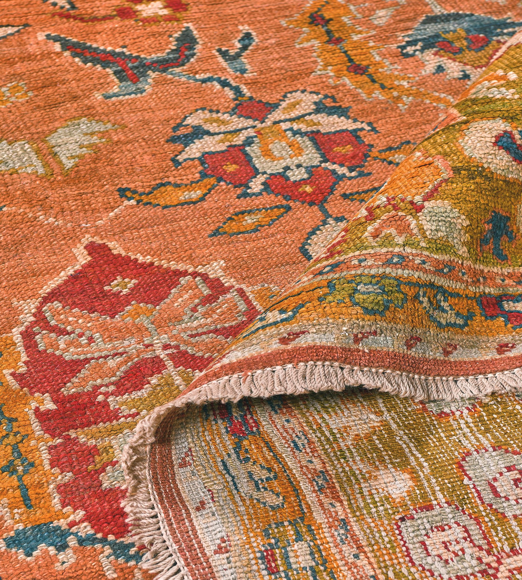 Antique Orange Floral Oushak Rug from Turkey For Sale 3