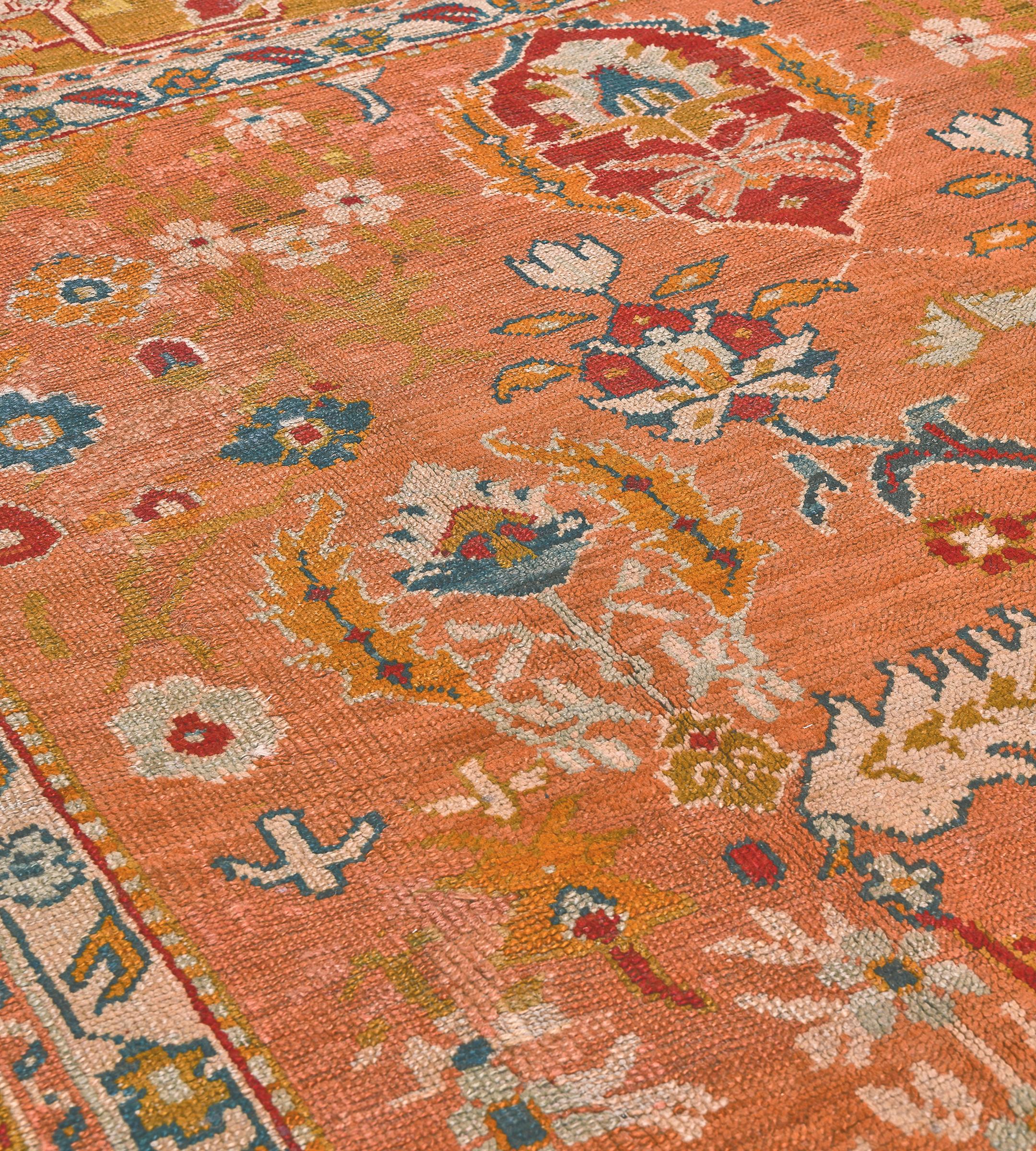 Turkish Antique Orange Floral Oushak Rug from Turkey For Sale