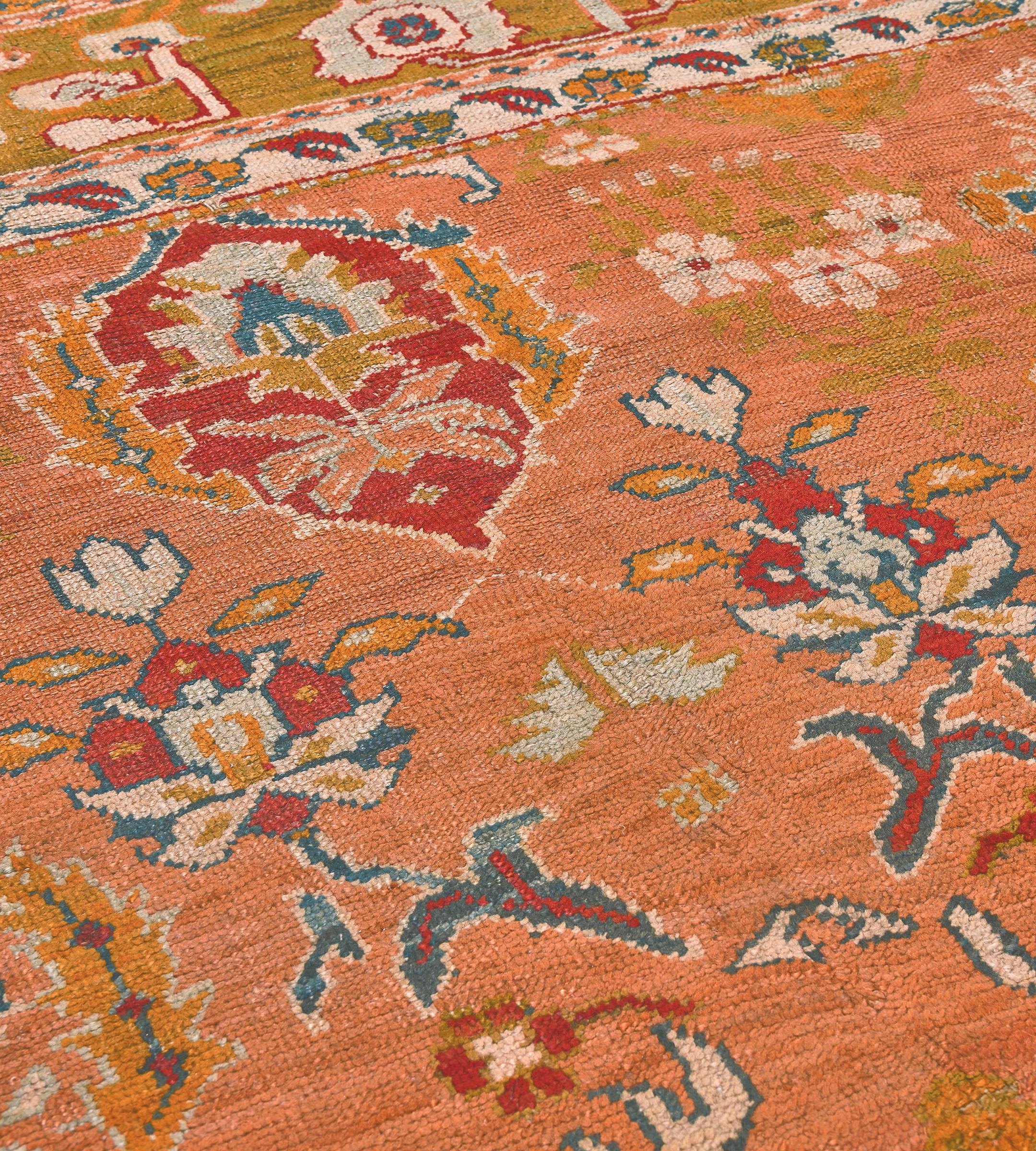 Hand-Knotted Antique Orange Floral Oushak Rug from Turkey For Sale