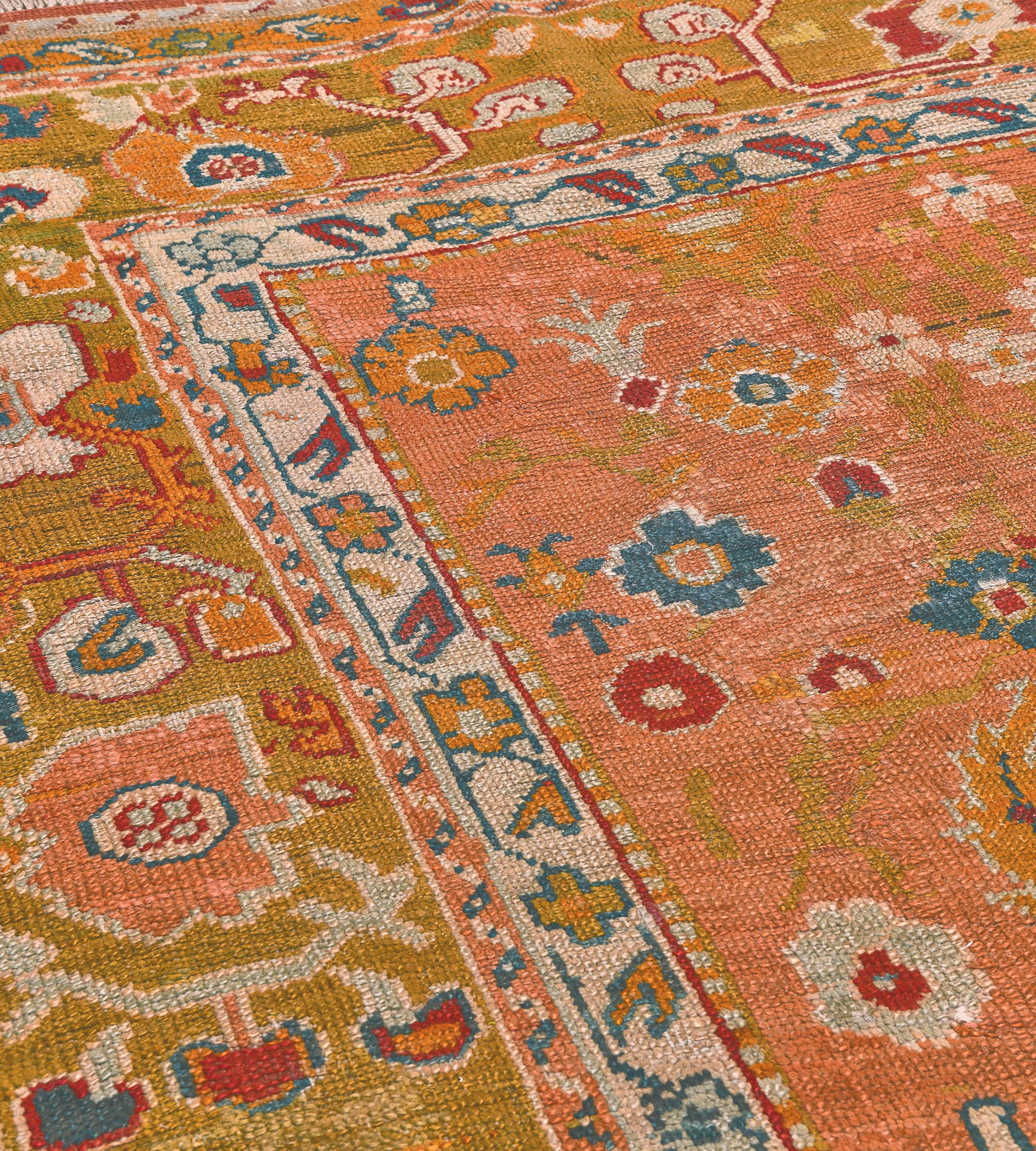 Antique Orange Floral Oushak Rug from Turkey In Good Condition For Sale In West Hollywood, CA