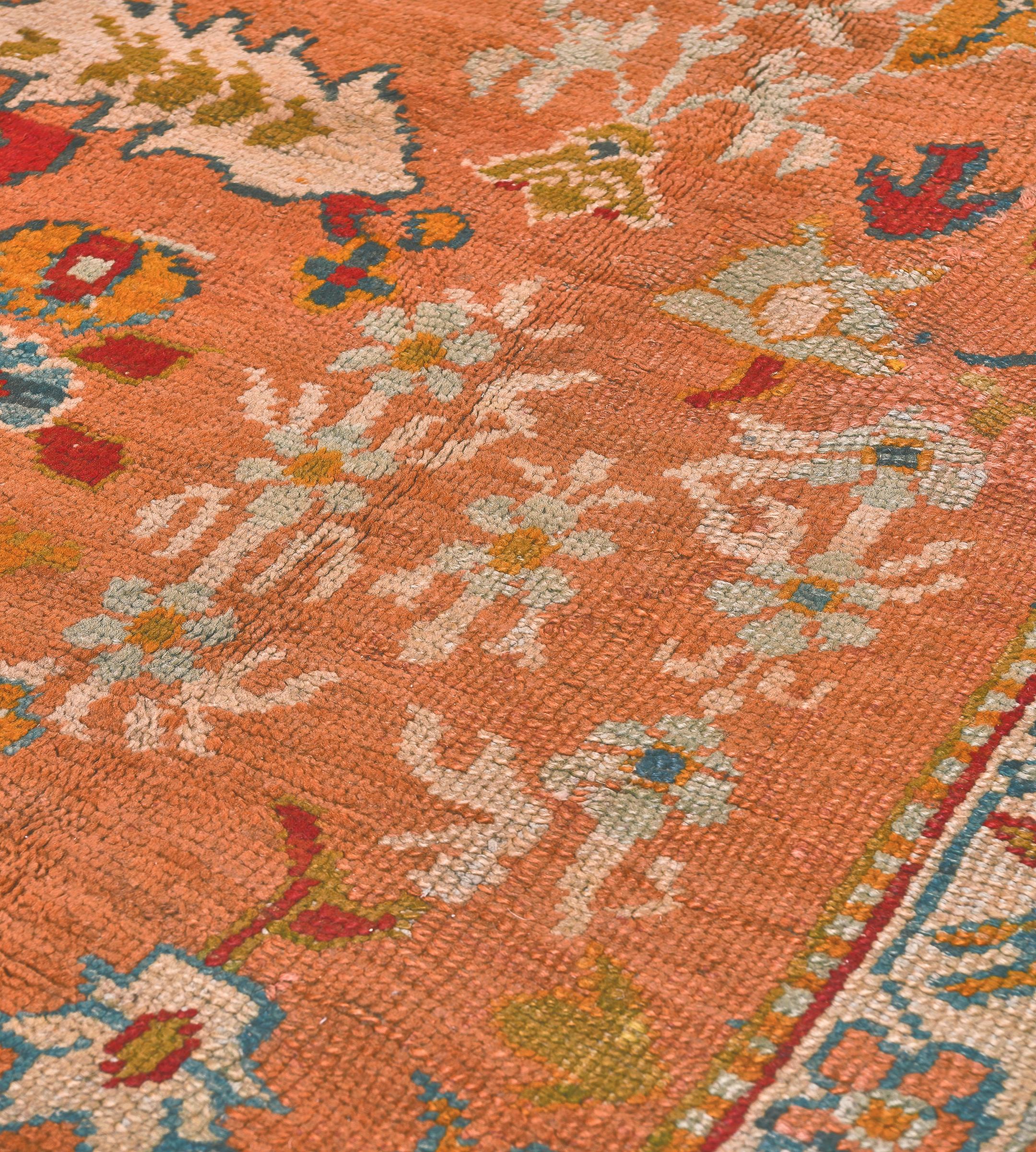 Wool Antique Orange Floral Oushak Rug from Turkey For Sale